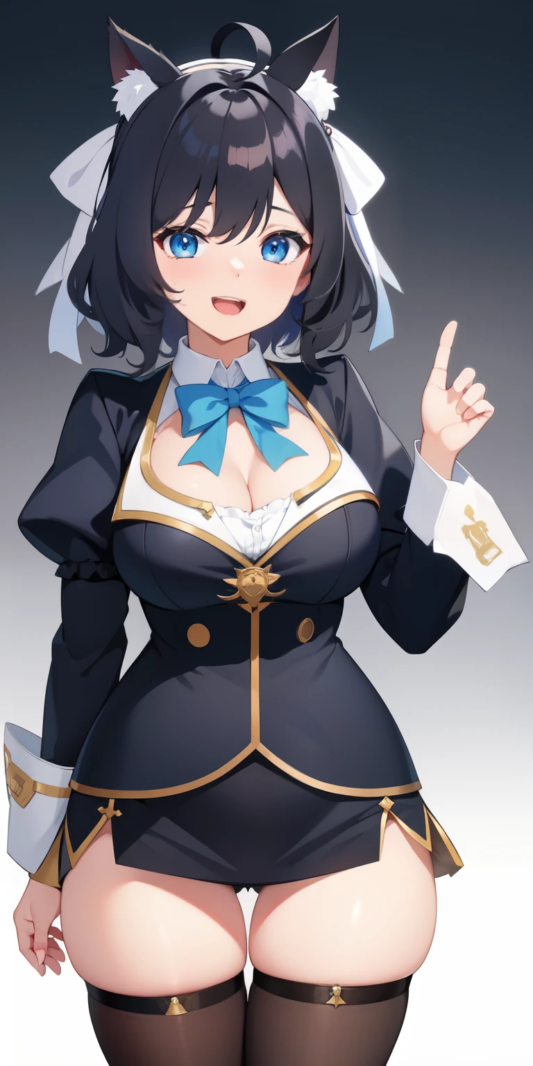 on lap,((((upright)))), ((((stand up)))), looking at the viewer, simple background、white background, 1 girl, open your mouth, smile, Virtual YouTuber、with a girl、((highest quality, expensive_solve, clear_image)),(black hair), (black cat ears), (Ahoge), (ridiculously short hair), (wavy hair), (blue eyes),、laughter、very big breasts、((concept art))、((front))、I can see the cleavage、