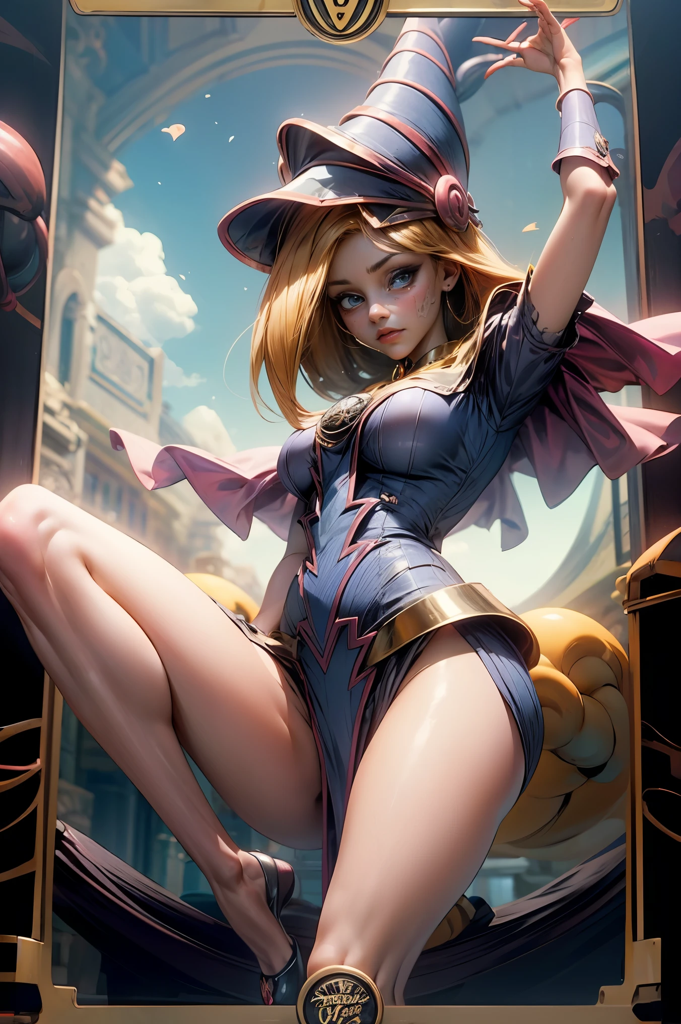 (Obra maestra:1.2), (La mejor calidad:1.2), perfect lighting, Chica Maga Oscura lanzando un hechizo, flotando en el aire, tetas grandes, escote, fondo de magia. Corazones transparente en el hambiente, bata azul, sombrero grande, desde arriba, Destellos, Yugioh Card en el fondo