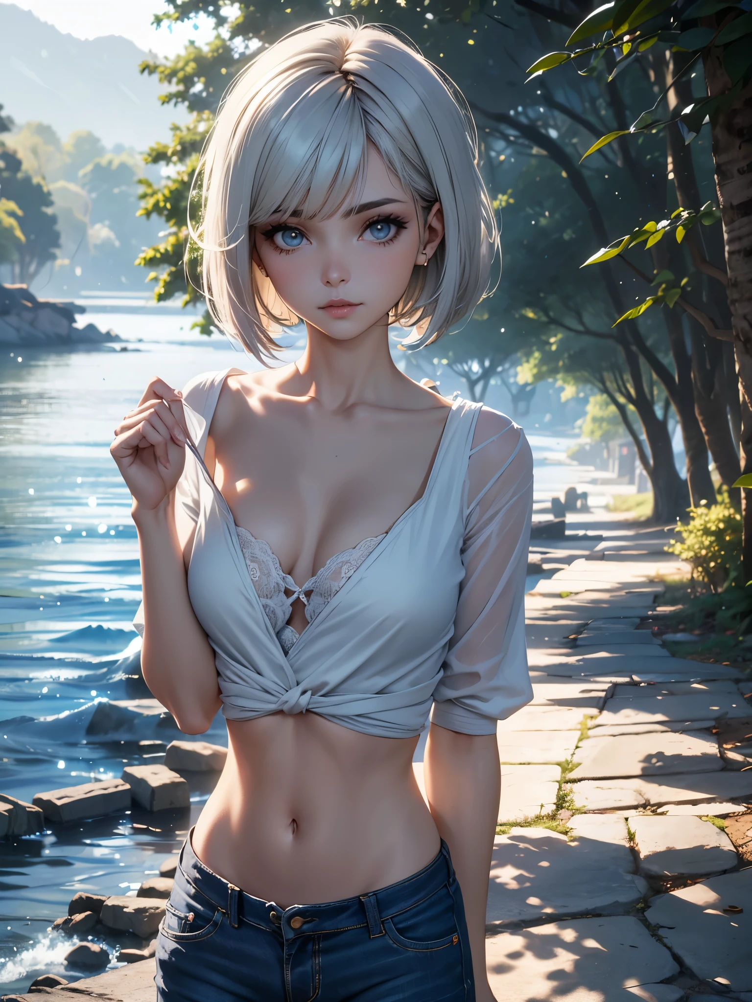 &Quot;((oficina)), qualidade perfeita, gordura, Abaulamento, corpo inteiro, beleza estonteante, Jeanfavonian, seios pequenos, (Anime de alta qualidade), irritado, corar, Standing on the street near the river next to the village, hands on the chest, Looking at the Viewer, sem manoplas. Cabelo curto (((short bob hair soprando ao vento))), the background is simple and blue, and the gaze is directed downward at a low angle, a bright lightning bolt.