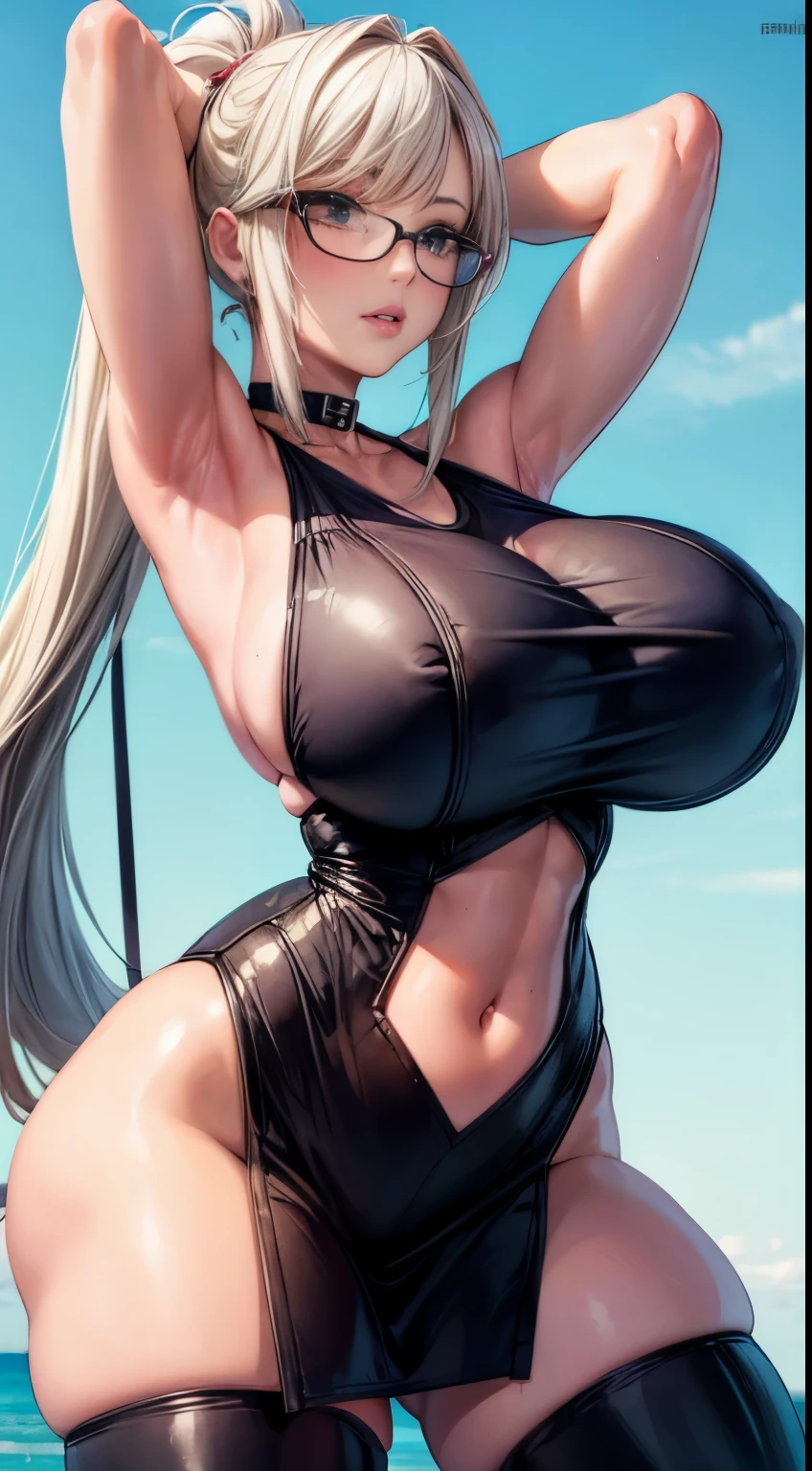 bmb-fc, sunny, bodycon dress, 1girl, face, woman , (masterpiece, best quality), 1girl, 18 years old, ((hands on thighs pose)), show armpit, platinum blonde hair, ((high and long ponytail hair)), plump lips, puffy lips, bimbo lips, huge breast, hourglass figure, embarassed face, (((exposed navel))), glasses, hot erotic ninja cosplay outfit, choker, street, thighhighs,