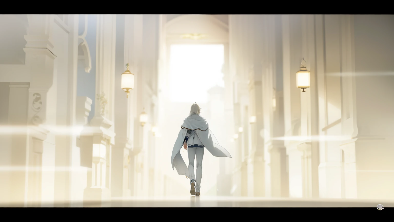 A white-robed man with blond hair walked through the room, which was filled with light., In anime movies ergo proxy, Screenshot from the anime guro, Screenshots from anime movies, Anime keyframes, anime movie screenshot, In anime movies, Atmospheric Anime, Screenshots from the 2012 anime, Anime movies still exist, 2 0 1 9 Anime screenshots