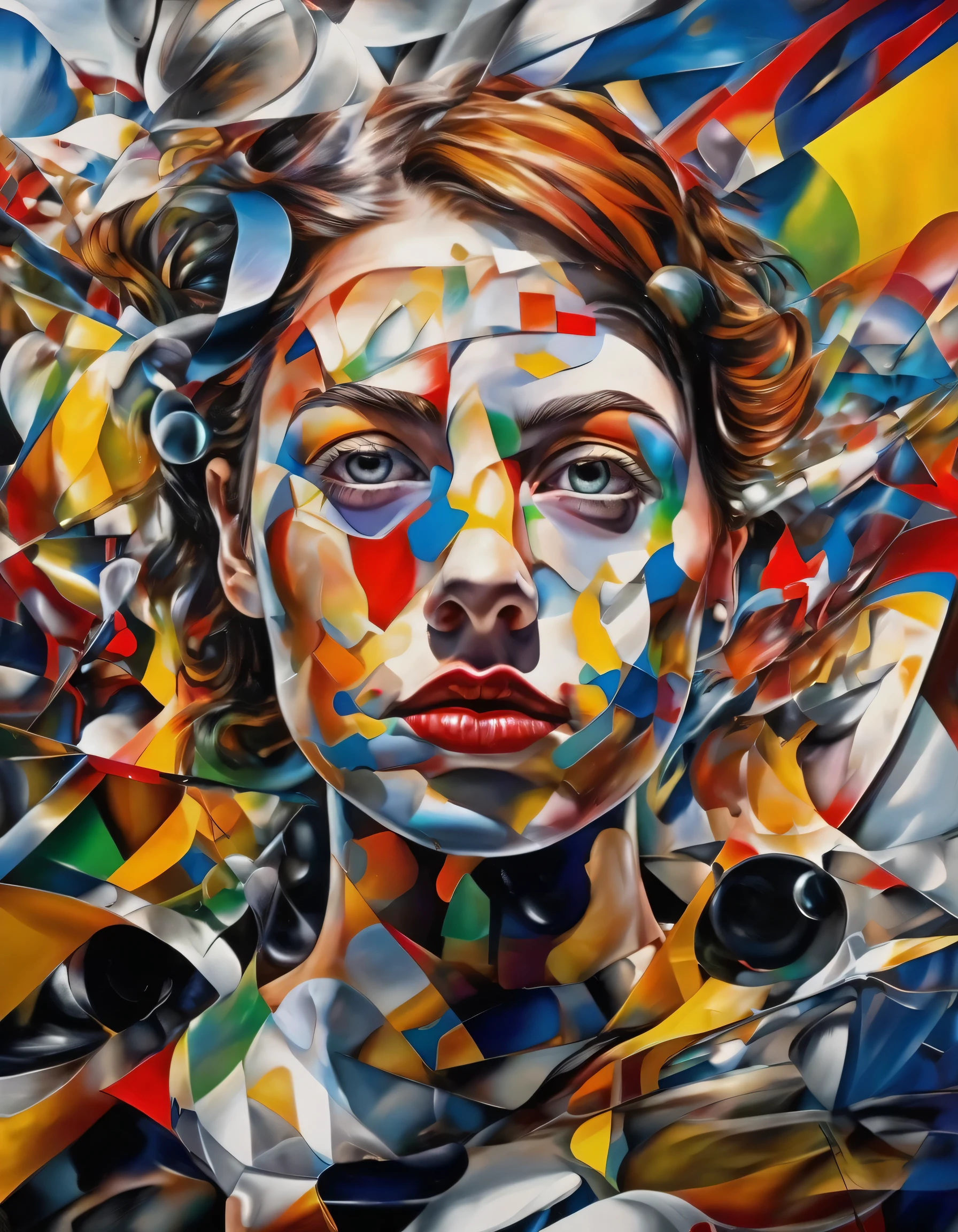 Hyper-realistic surreal painted amalgam of images from great modern painters with other surreal torn images, parts of bodies are replaced by cubist art effects, all the sensitive parts of the bodies are blurred by the movement, Da Da style, Bauhaus style Super-detailed, Studio Quality, 48k / HD, Normal Contrast, hyper Realistic Shadows, octane Rendering, Sharp Focus