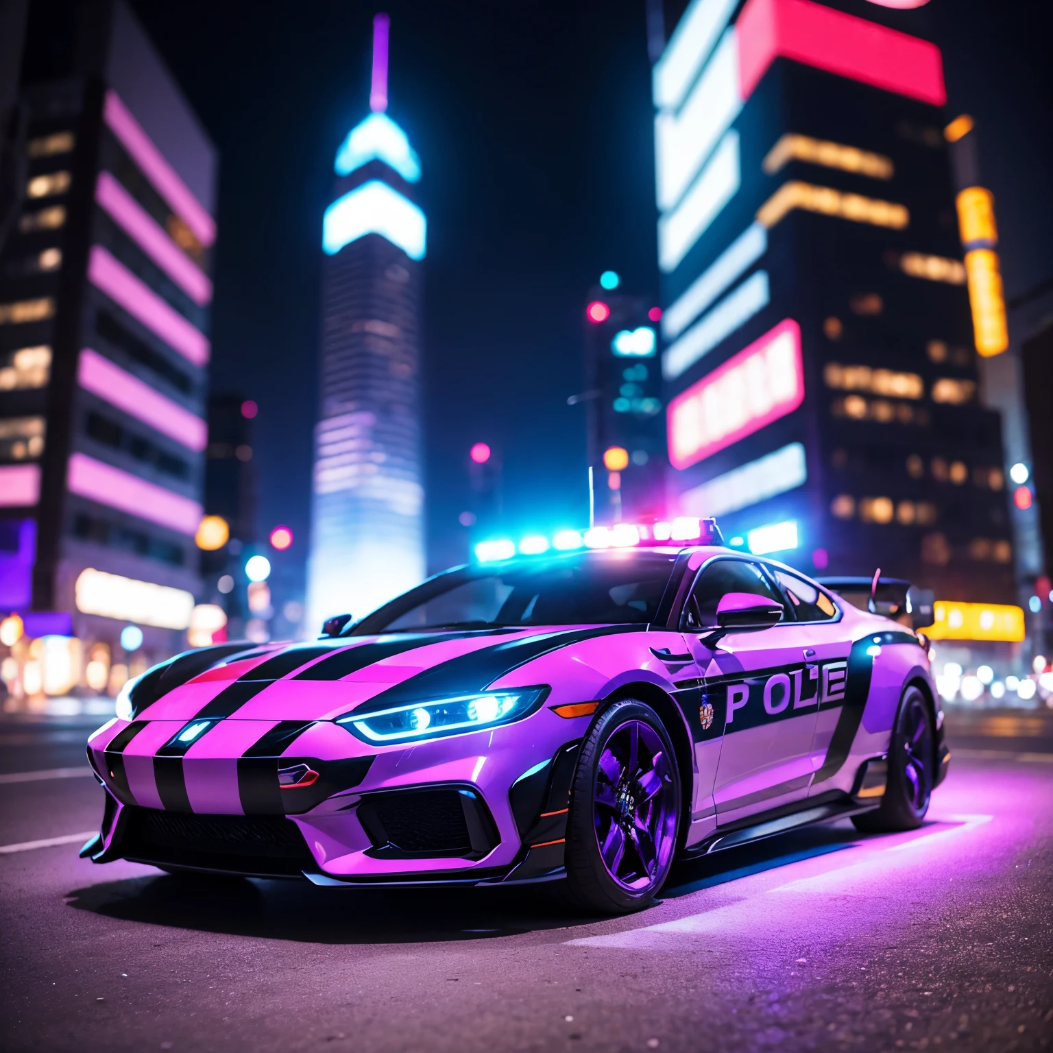 police car in night city angled slightly to the side, colors purple, blue and red