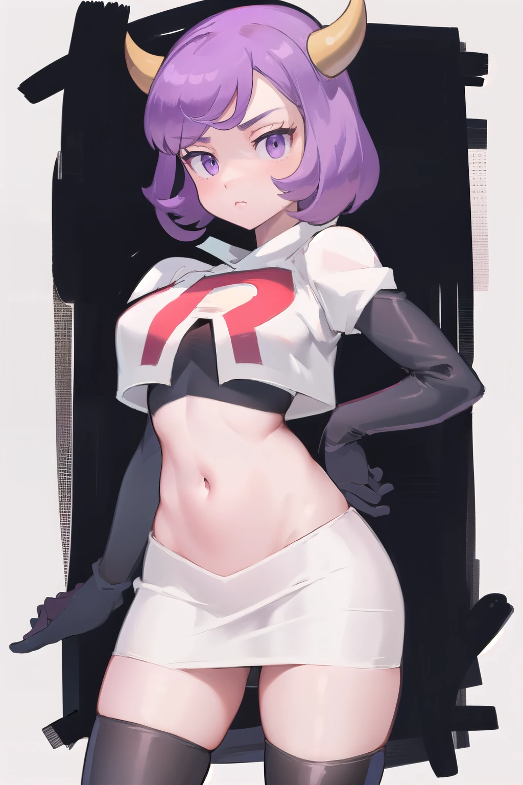 courtney, 1girl, solo, breasts, looking at viewer, short hair, bangs, simple background, white background, purple eyes, purple hair, horns, eyelashes, fake horns, horned headwear, team rocket,team rocket uniform, red letter R, white skirt,white crop top,black thigh-highs,black elbow gloves,