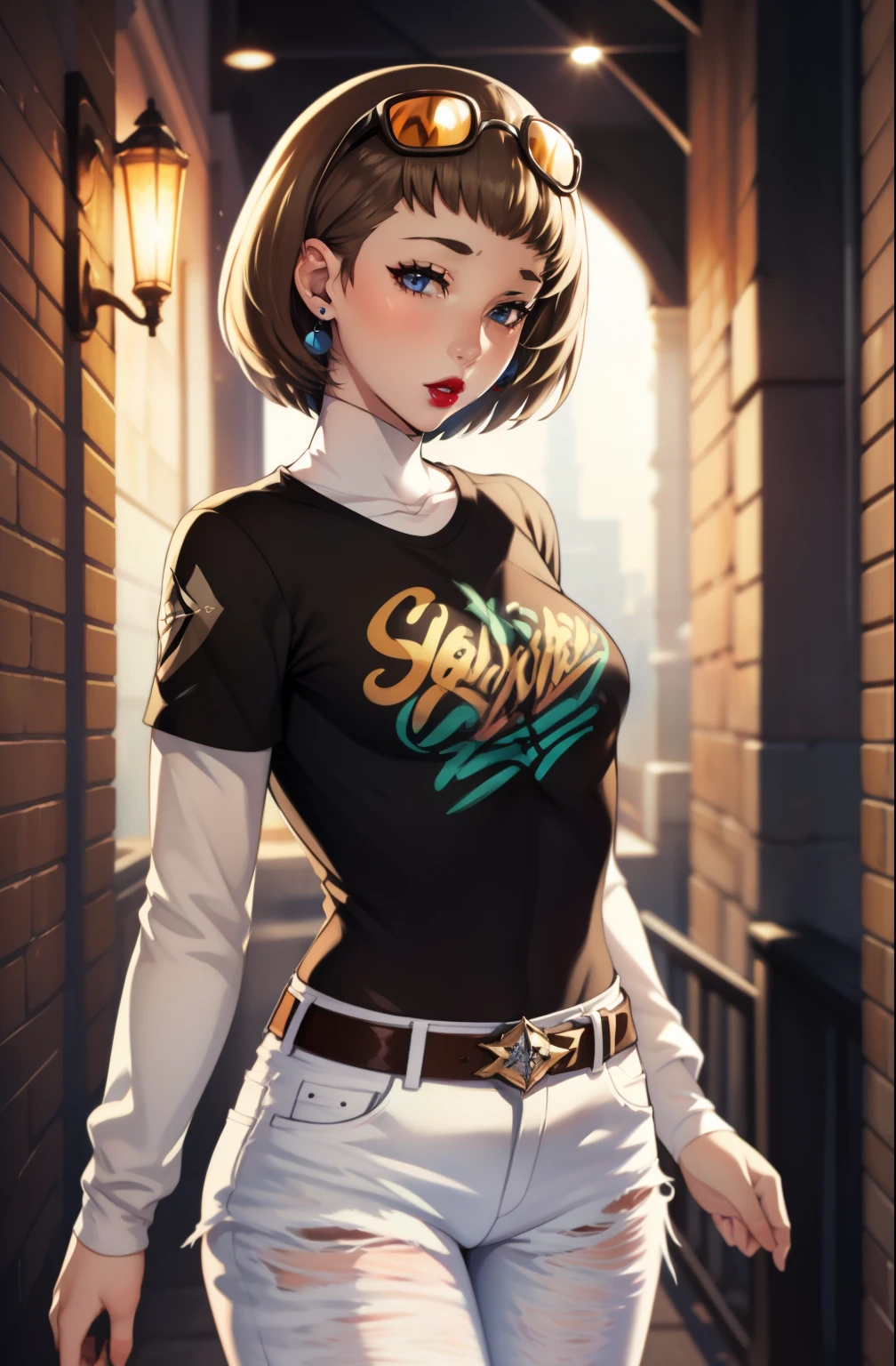 warMercedes, short hair, earings ,glossy lips ,light brown hair, 1girl, solo, standing, black t-shirt, white shirt, jeans, belt, lipstick, eyewear on head,