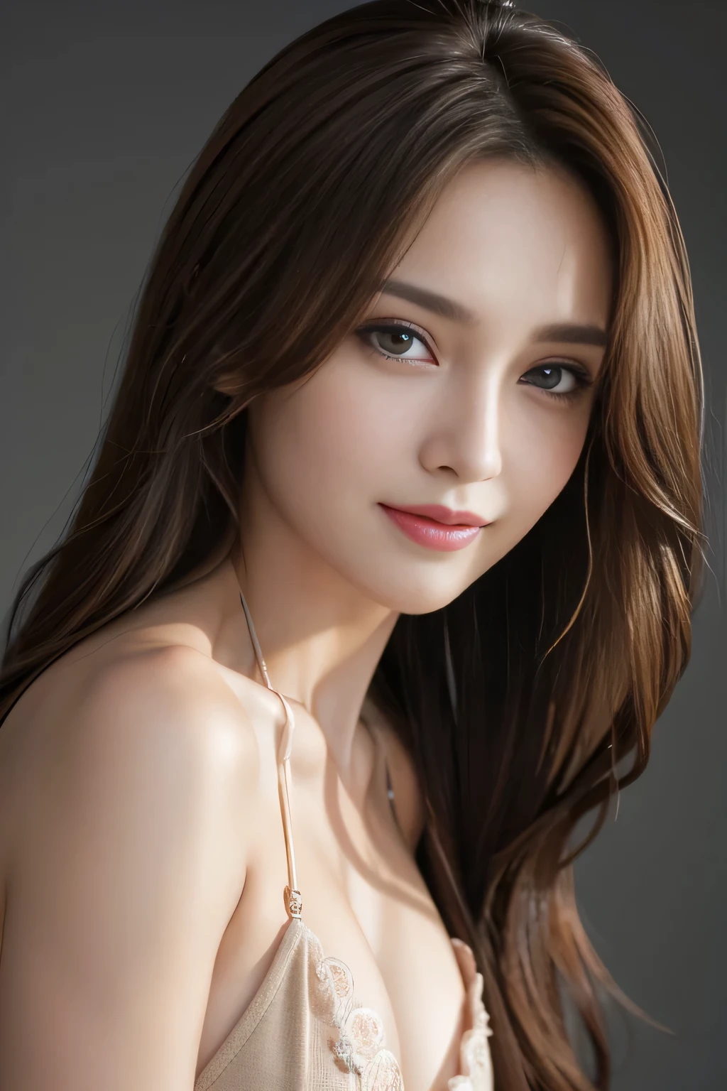 table top, highest quality, realistic, Super detailed, finely, High resolution, 8k wallpaper, 1 beautiful woman,, Light brown long hair,wearing a bikini, sharp focus, perfect dynamic composition, beautiful and detailed eyes, thin hair, Detailed realistic skin texture, smile, close-up portrait, model body shape,cleavage