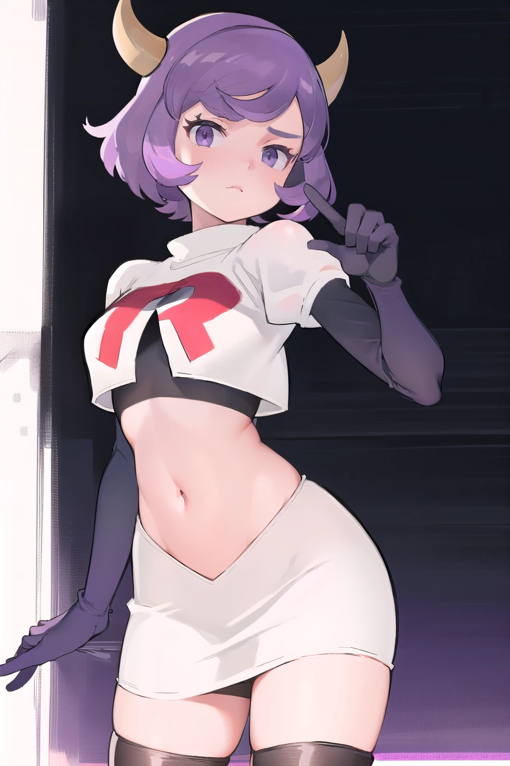 courtney, 1girl, solo, breasts, looking at viewer, short hair, bangs, simple background, white background, purple eyes, purple hair, horns, eyelashes, fake horns, horned headwear, team rocket,team rocket uniform, red letter R, white skirt,white crop top,black thigh-highs,black elbow gloves,