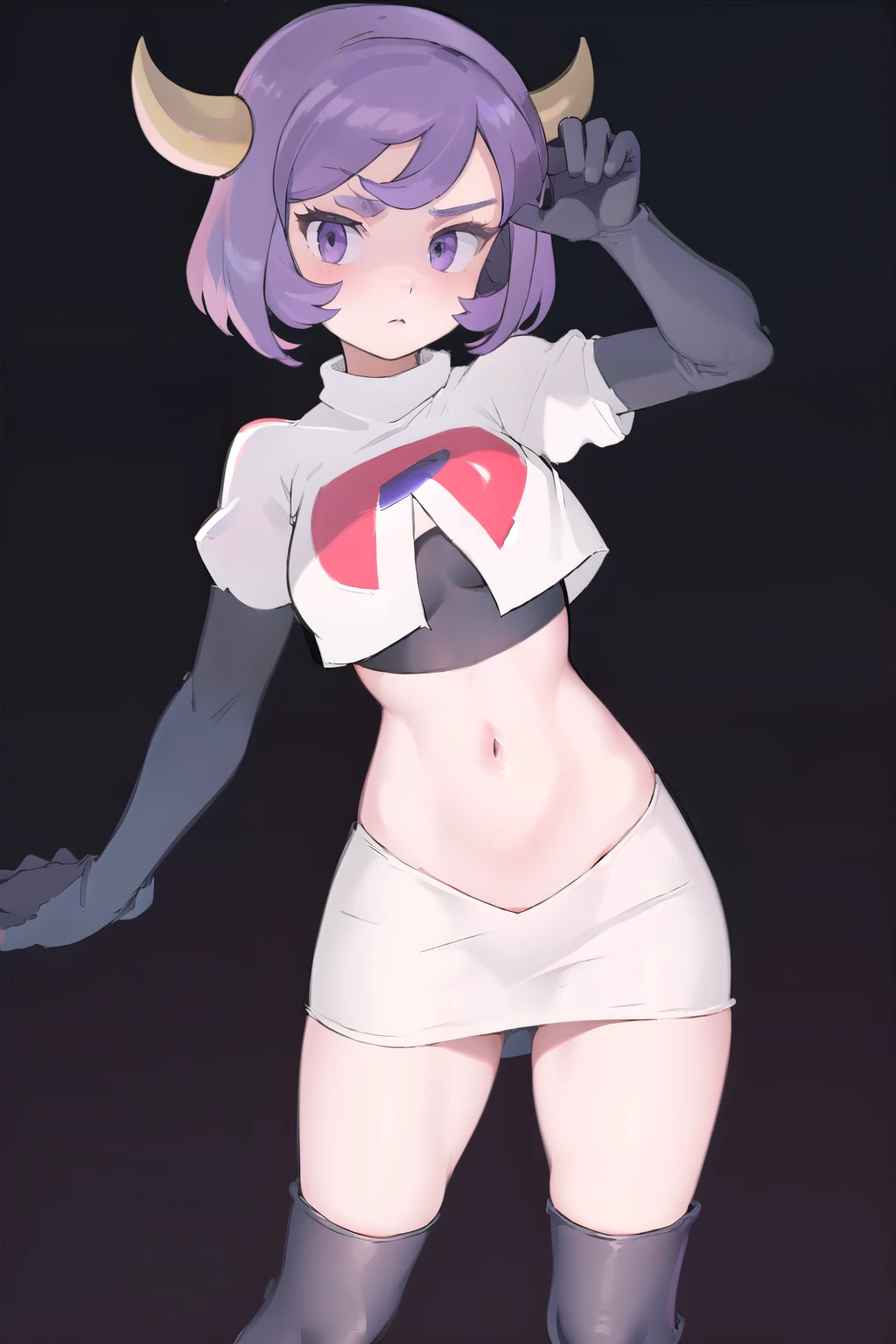 courtney, 1girl, solo, breasts, looking at viewer, short hair, bangs, simple background, white background, purple eyes, purple hair, horns, eyelashes, fake horns, horned headwear, team rocket,team rocket uniform, red letter R, white skirt,white crop top,black thigh-highs,black elbow gloves,