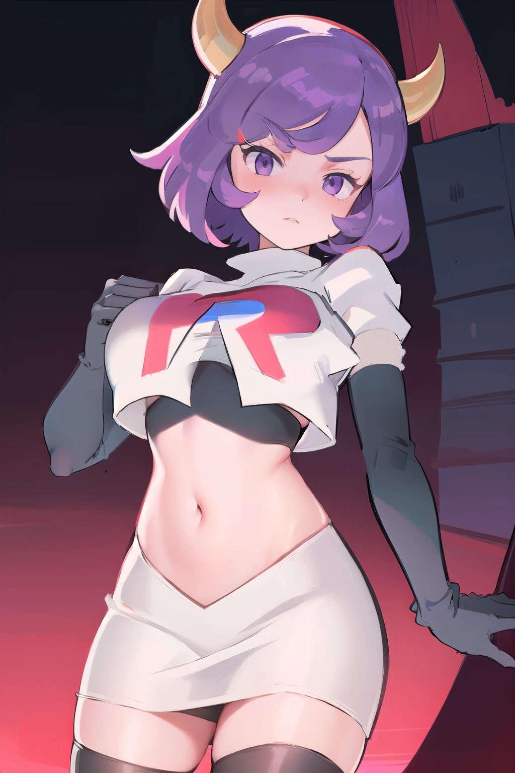 courtney, 1girl, solo, breasts, looking at viewer, short hair, bangs, simple background, white background, purple eyes, purple hair, horns, eyelashes, fake horns, horned headwear, team rocket,team rocket uniform, red letter R, white skirt,white crop top,black thigh-highs,black elbow gloves,