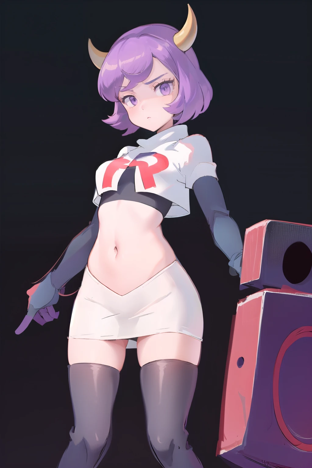 courtney, 1girl, solo, breasts, looking at viewer, short hair, bangs, simple background, white background, purple eyes, purple hair, horns, eyelashes, fake horns, horned headwear, team rocket,team rocket uniform, red letter R, white skirt,white crop top,black thigh-highs,black elbow gloves,