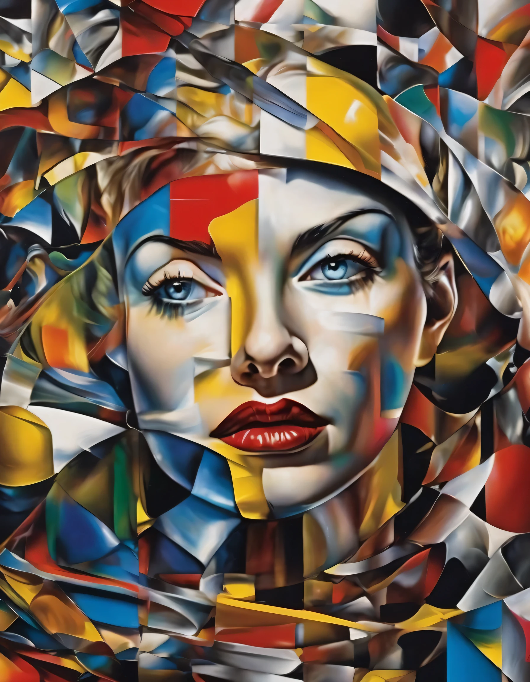 Hyper-realistic amalgam of images from great modern painters with other surreal torn images, parts of bodies are replaced by cubist art effects, all the sensitive parts of the bodies are blurred by the movement, Da Da style, Bauhaus style Super-detailed, Studio Quality, 48k / HD, Normal Contrast, hyper Realistic Shadows, octane Rendering, Sharp Focus