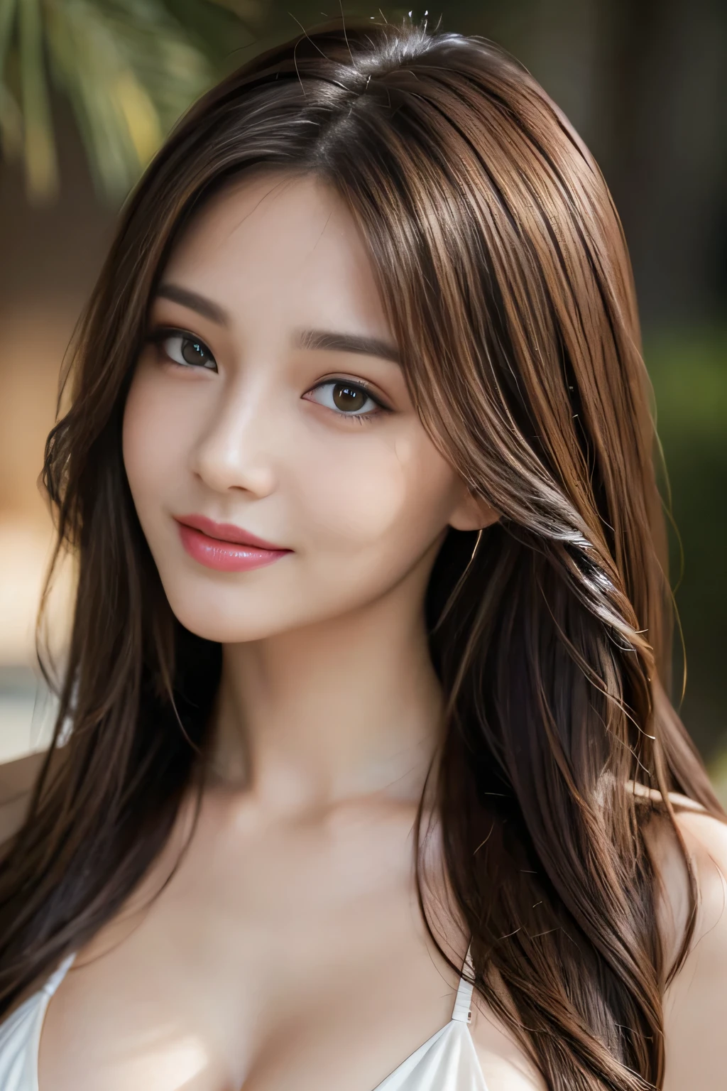 table top, highest quality, realistic, Super detailed, finely, High resolution, 8k wallpaper, 1 beautiful woman,, Light brown long hair,wearing a bikini, sharp focus, perfect dynamic composition, beautiful and detailed eyes, thin hair, Detailed realistic skin texture, smile, close-up portrait, model body shape,cleavage