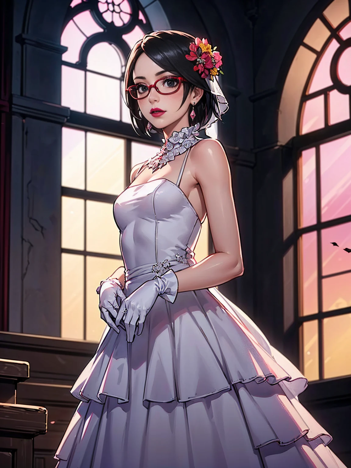 ((1girl, solo ,alone, long hair, green hair, yellow eyes, hair covering one eye, woman, (one hand on her hip, one hand behind her head) , dynamic pose, muscular female, gold bracelets, ruby earrings)), fitness, ((solo, (1woman, pink lipstick), Extremely detailed, ambient soft lighting, 4k, perfect eyes, a perfect face, perfect lighting, a 1girl)), ((solo, (1woman, pink lipstick), Extremely detailed, ambient soft lighting, 4k, perfect eyes, a perfect face, perfect lighting, a 1girl)), holding a gazania bouquet, cowboy shot, looking at viewer, blush, sapphire earrings, earrings, jewelry, church, window, sky, sunlight, complex background, sunset,((red lipstick, hair flower ornament, (lace dress, wedding dress, ruffles:1.2), bride, white gloves, long gloves))