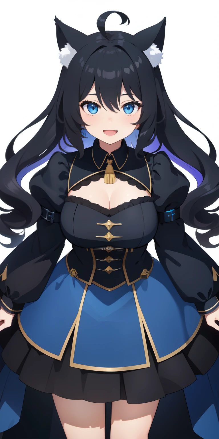 on lap,((((upright)))), ((((stand up)))), looking at the viewer, simple background、white background, 1 girl, open your mouth, smile, Virtual YouTuber、with a girl、((highest quality, expensive_solve, clear_image)),(black hair), (black cat ears), (Ahoge), (ridiculously short hair), (wavy hair), (blue eyes),、laughter、very big breasts、((concept art))、((front))、I can see the cleavage、