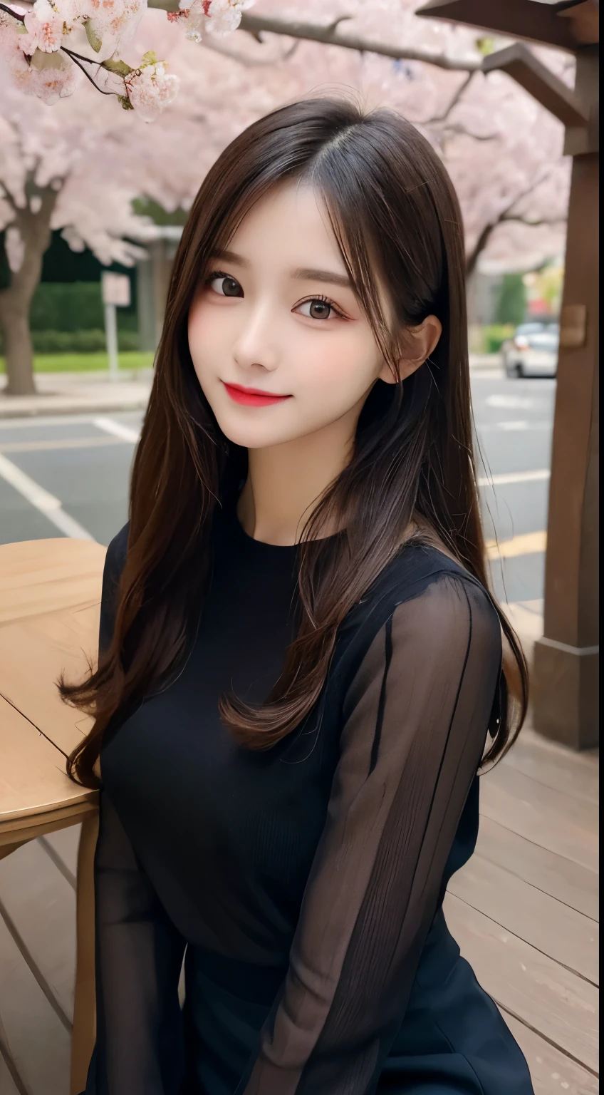 table top, highest quality, shape, Super detailed, finely, High resolution, 8k wallpaper, 完璧なダイナミックな構shape, beautiful and detailed eyes, small breasts, natural color lip,20 year old girl、beautiful and detailed face、perfect and beautiful face,Big eyes、beautiful and detailed face、perfect and beautiful double eyelids、blur the background、perfect and beautiful face、slim face and style、Blurred cherry blossom background、straight hair(black hair)、long sleeve blouse、mini skirt,small face,smile,Do gal makeup,real photos