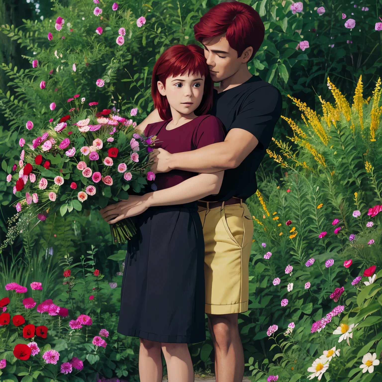 A red-haired girl hugged by a dark-skinned boy of great height and build in a garden full of flowers