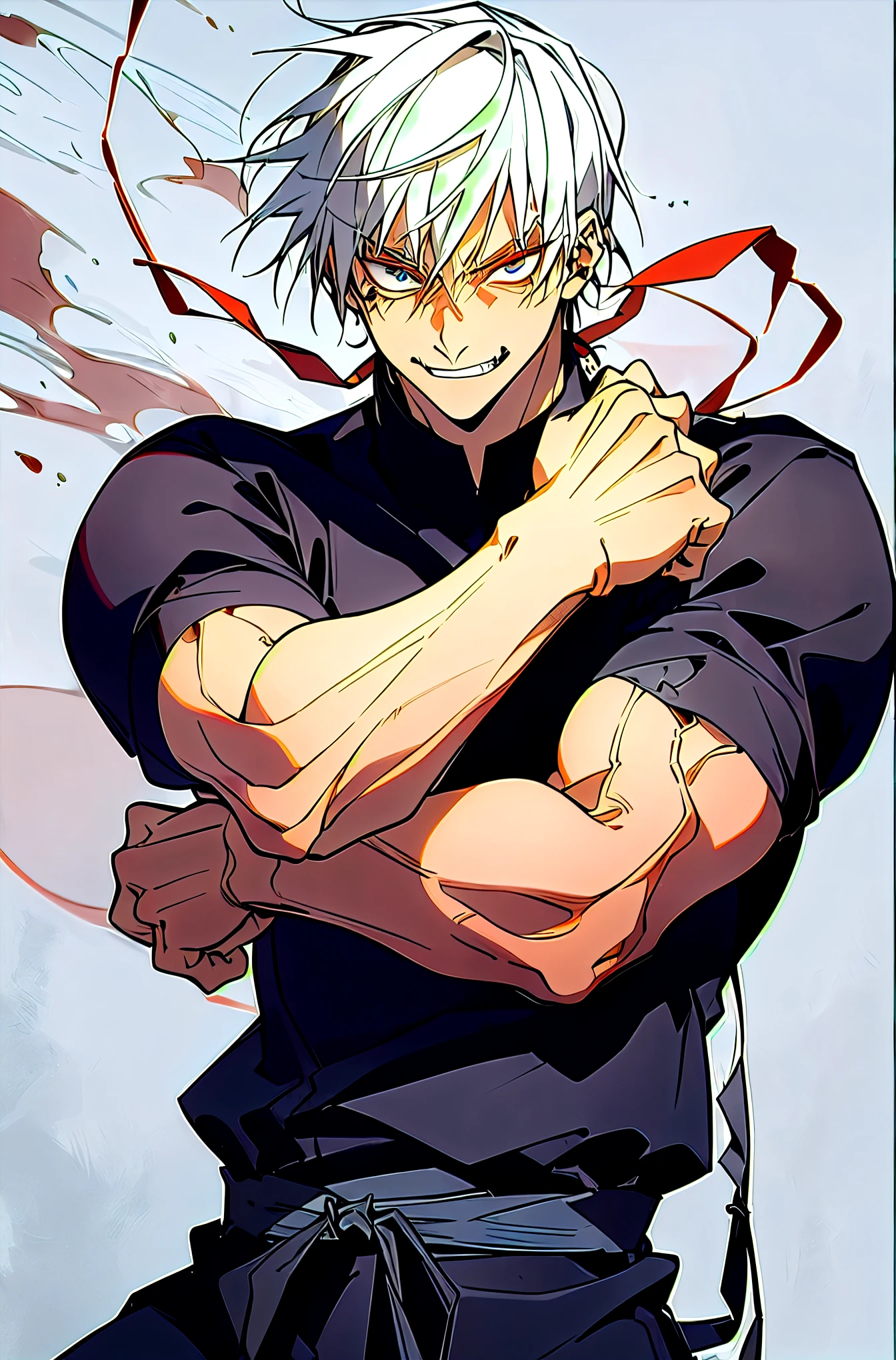 (masterpiece, best quality:1.2),white hair,cowboy shot, solo, male focus, 1boy, fushiguro toji, muscular male, evil grin, looking at viewer, black shirt, short sleeves, pantsRyota is tall and muscular, with a rugged, weather-beaten appearance that speaks to a lifetime of battle-hardened experience. His piercing gaze and stoic demeanor betray a sense of quiet intensity, hinting at the formidable warrior lurking beneath the surface. He dresses in simple, utilitarian attire, favoring dark colors and lightweight armor that allows for maximum mobility in combat.