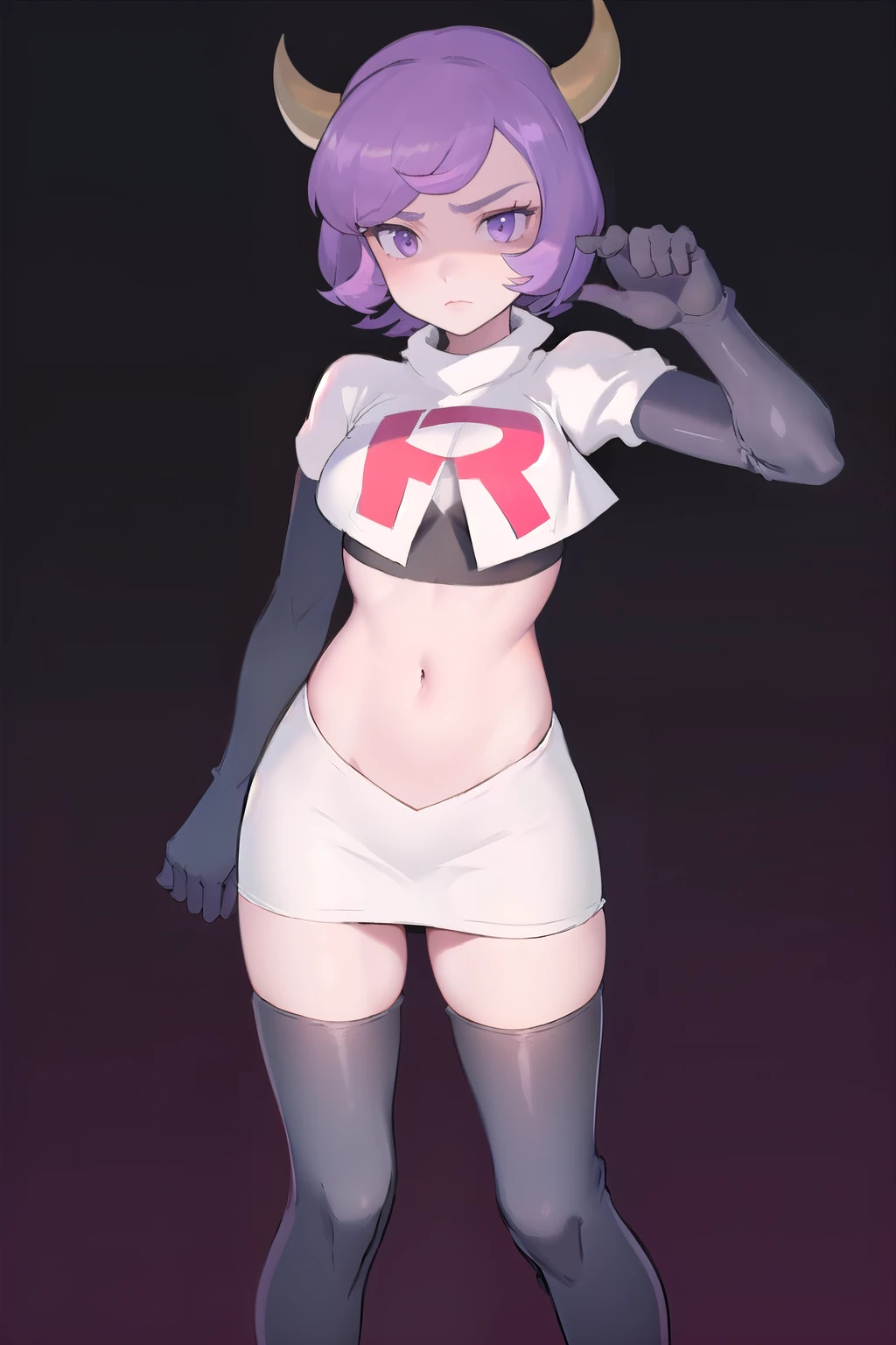 courtney, 1girl, solo, breasts, looking at viewer, short hair, bangs, simple background, white background, purple eyes, purple hair, horns, eyelashes, fake horns, horned headwear, team rocket,team rocket uniform, red letter R, white skirt,white crop top,black thigh-highs,black elbow gloves,