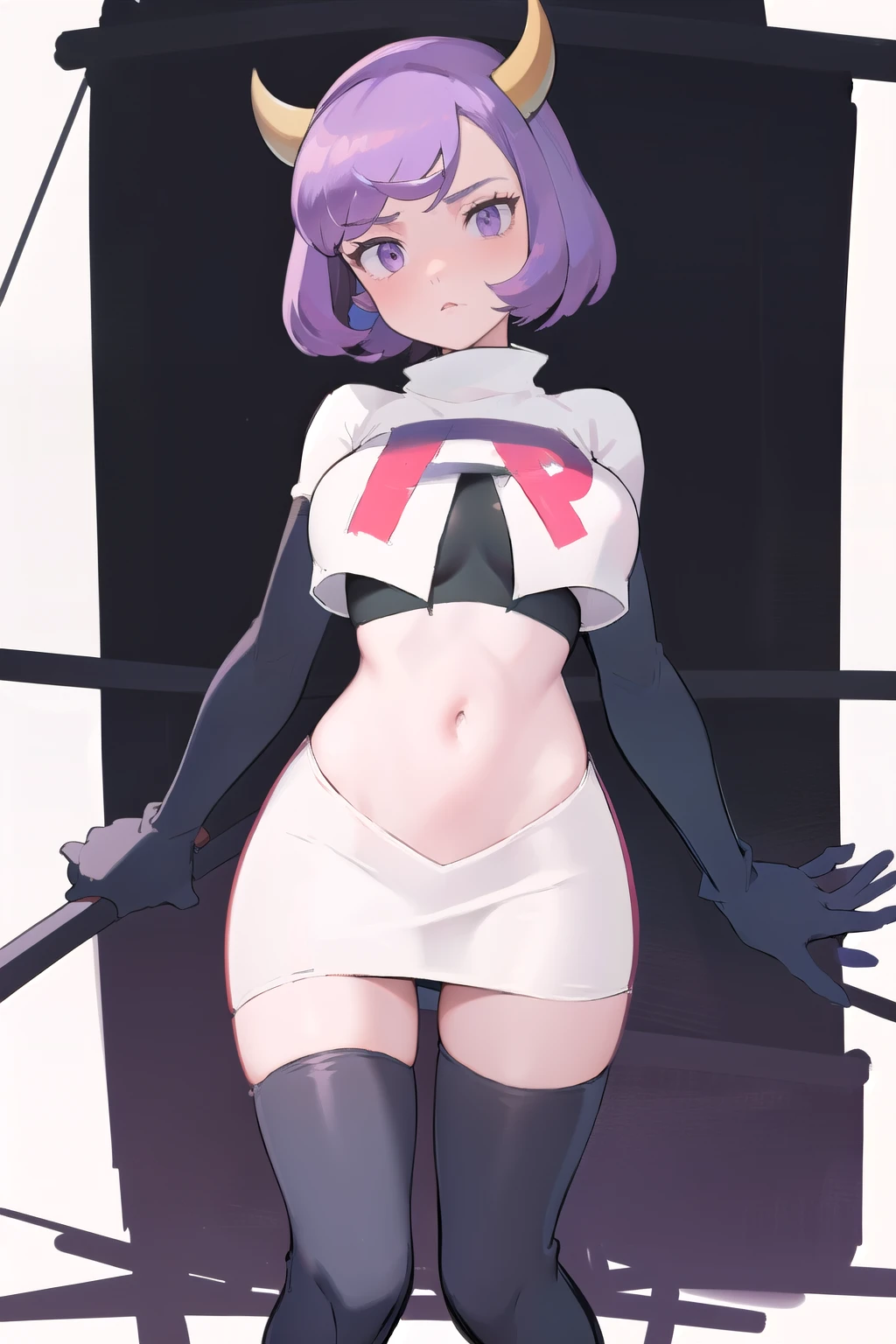 courtney, 1girl, solo, breasts, looking at viewer, short hair, bangs, simple background, white background, purple eyes, purple hair, horns, eyelashes, fake horns, horned headwear, team rocket,team rocket uniform, red letter R, white skirt,white crop top,black thigh-highs,black elbow gloves,