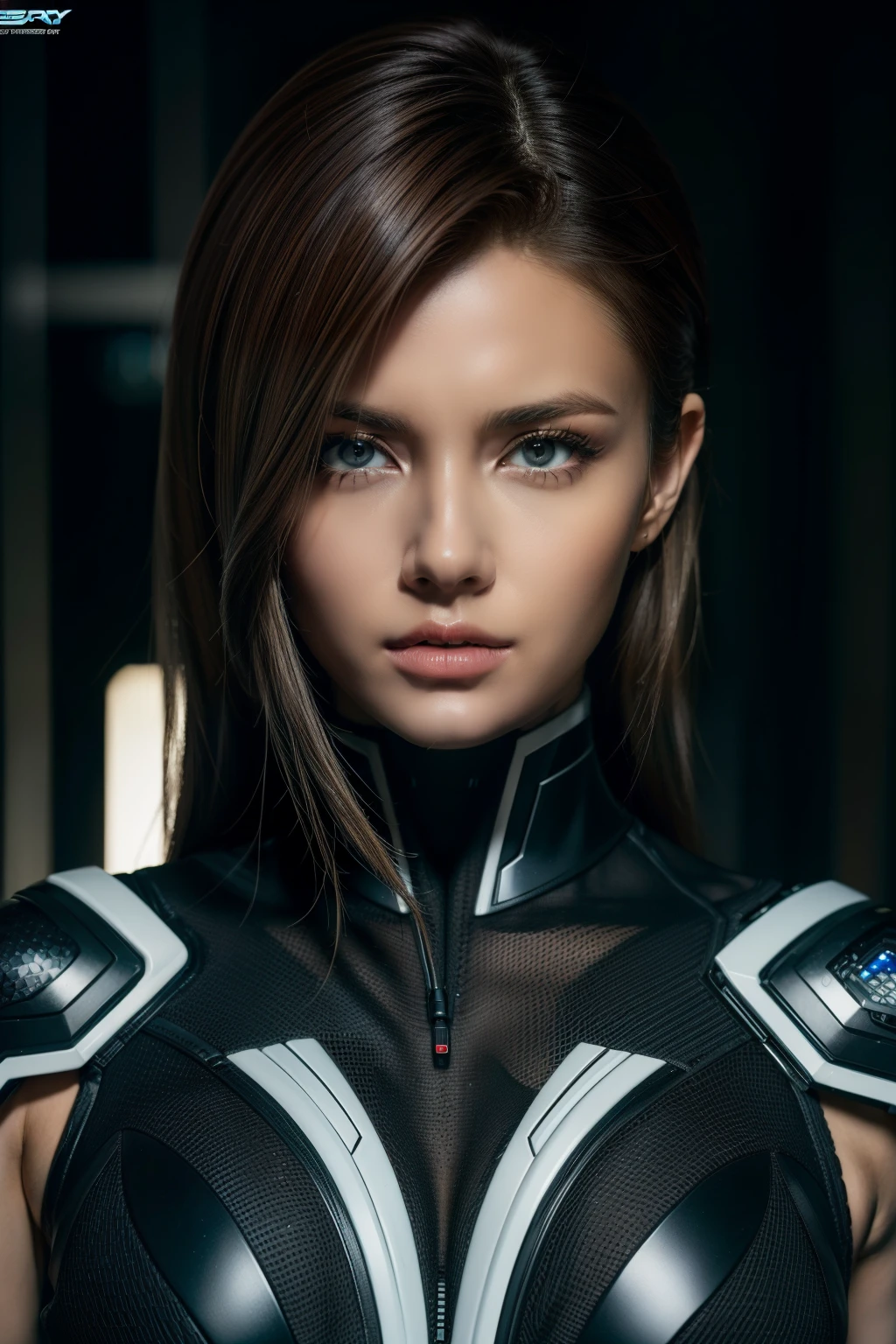 (cybersoldier style aesthetic), bust to waist, (half body), (beauty shape), perfect skin, hyperrealistic masterpiece, in extremely complex & superdetailed black and white plugsuit, cinematic illumination, 8k, symmetrical eyes, realistic, sharp focus, HD, highly detailed, intricate, photography, studio portrait, detailed, dramatic lighting, happy:1,2