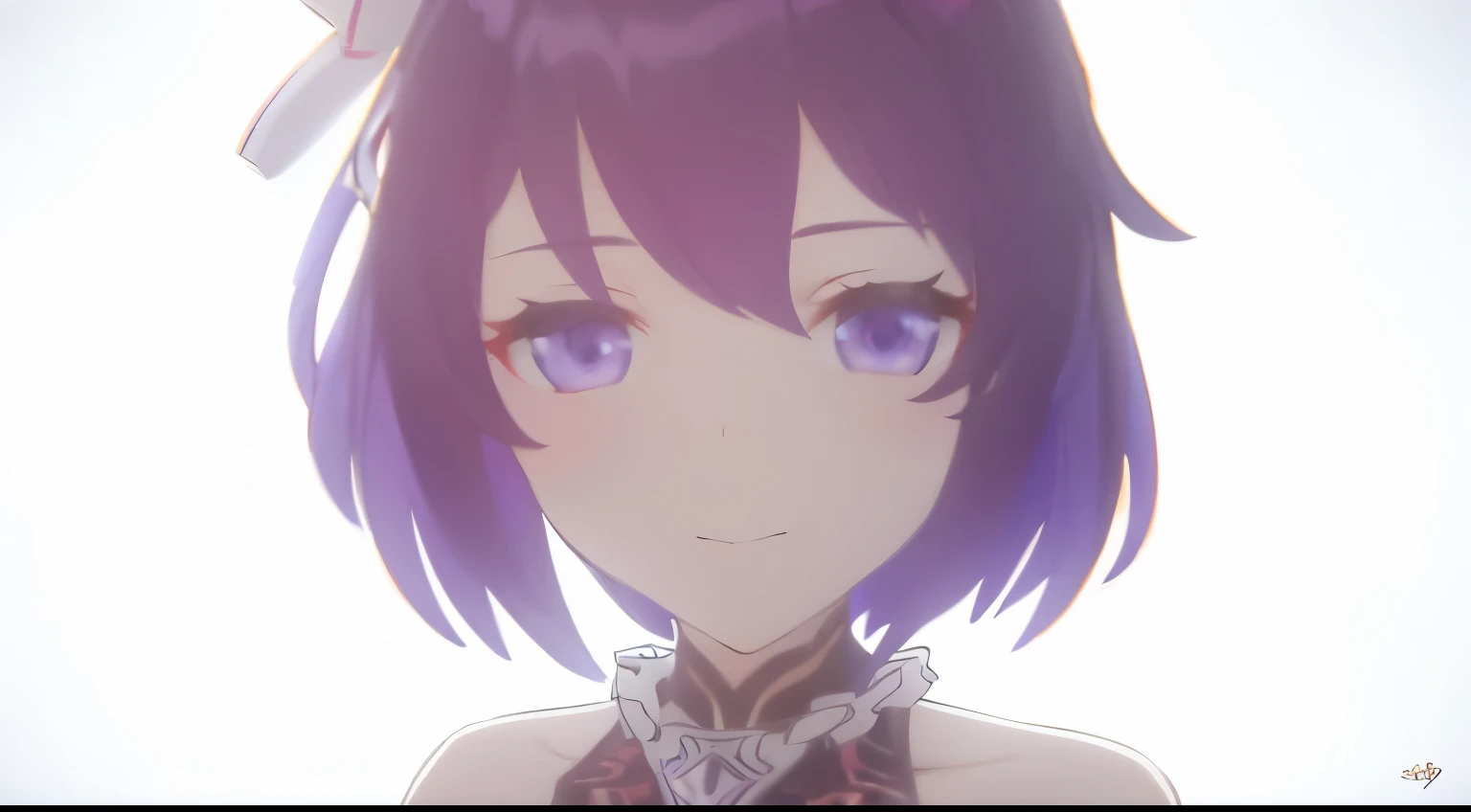 Anime girl with black-purple hair and blue eyes., separated from the overlord,  blood will flow, Close-up of an anime girl, Intricate, elegant cgi anime style., Great fate,  I will deny this.