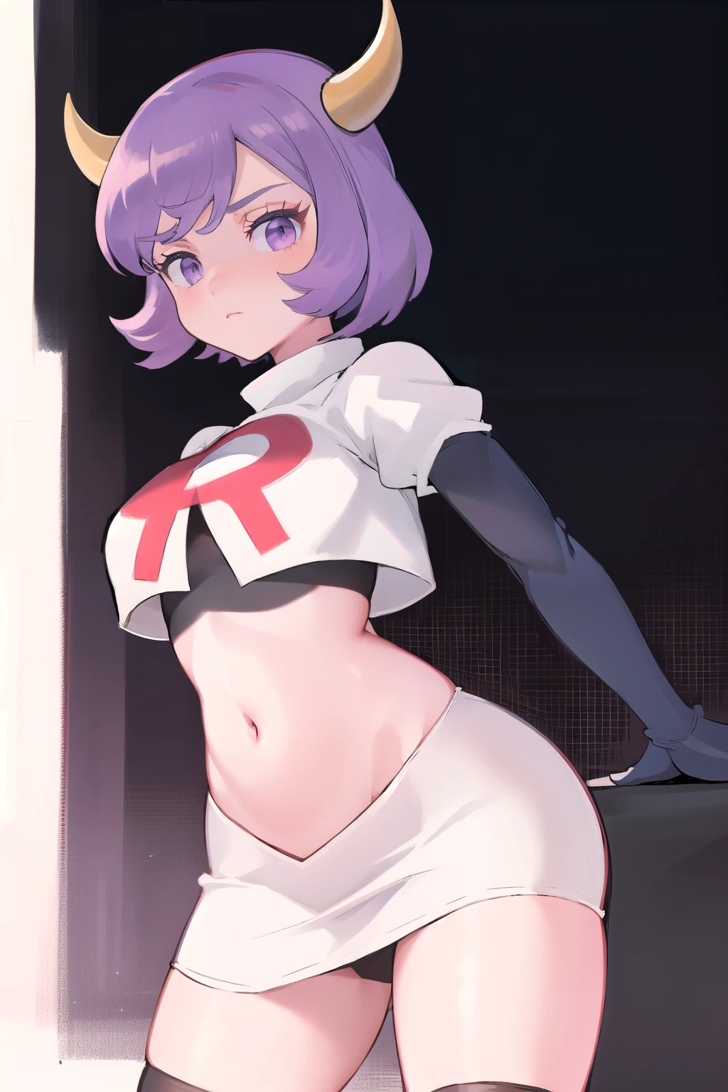 courtney, 1girl, solo, breasts, looking at viewer, short hair, bangs, simple background, white background, purple eyes, purple hair, horns, eyelashes, fake horns, horned headwear, team rocket,team rocket uniform, red letter R, white skirt,white crop top,black thigh-highs,black elbow gloves,