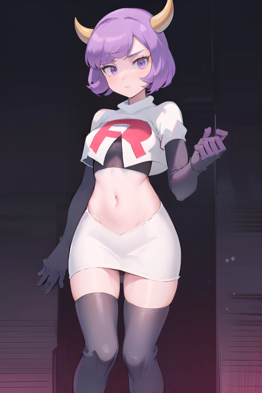 courtney, 1girl, solo, breasts, looking at viewer, short hair, bangs, simple background, white background, purple eyes, purple hair, horns, eyelashes, fake horns, horned headwear, team rocket,team rocket uniform, red letter R, white skirt,white crop top,black thigh-highs,black elbow gloves,