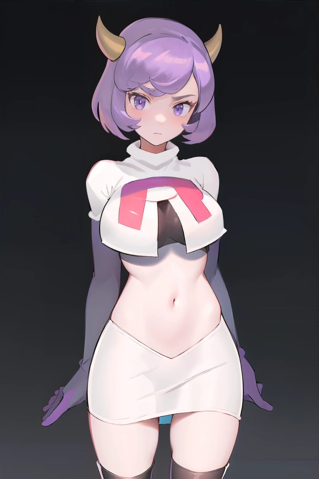 courtney, 1girl, solo, breasts, looking at viewer, short hair, bangs, simple background, white background, purple eyes, purple hair, horns, eyelashes, fake horns, horned headwear, team rocket,team rocket uniform, red letter R, white skirt,white crop top,black thigh-highs,black elbow gloves,