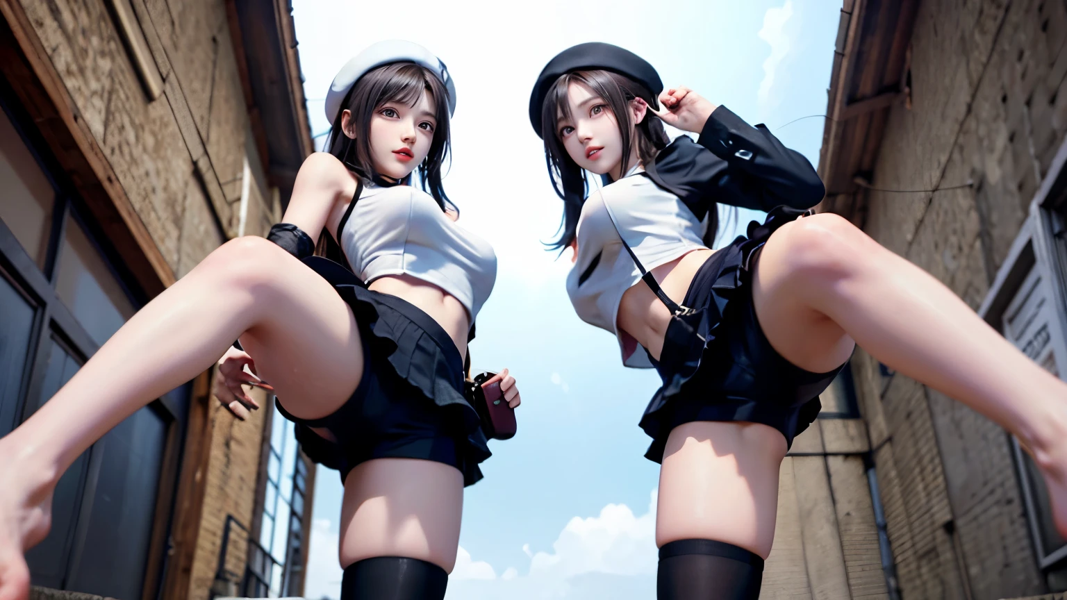 (very delicate and beautiful:1.2)super model,perfect shape,Two girls kicking at the screen,2girl,,Thighhighs,beautiful feet,beret,gentle expression,Seen by girls from below,Innocent face,mini skirt,big breasts,Girls doing roundhouse kicks from the left and right of the screen,voluptuous,bike shorts,atelier,givenchy