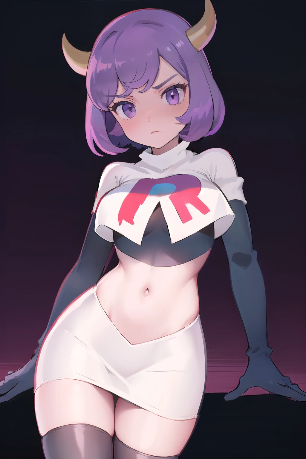 courtney, 1girl, solo, breasts, looking at viewer, short hair, bangs, simple background, white background, purple eyes, purple hair, horns, eyelashes, fake horns, horned headwear, team rocket,team rocket uniform, red letter R, white skirt,white crop top,black thigh-highs,black elbow gloves,