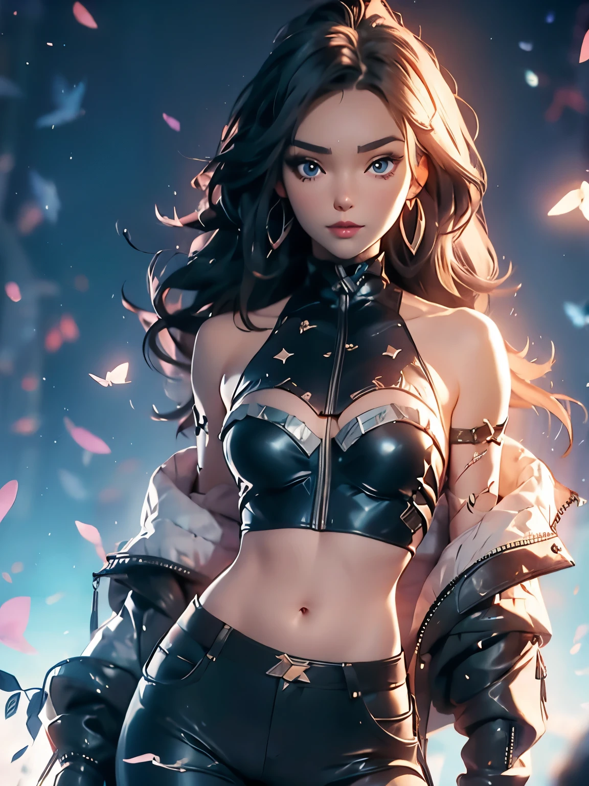 1girl, 3d, afterimage, bare shoulders, black hair, breasts, clothes pull, cowboy shot, detached sleeves, facing viewer, k/da (league of legends), lips, long hair, medium breasts, midriff, navel, pants, pants pull, ponytail, solo, tight clothes, tight pants