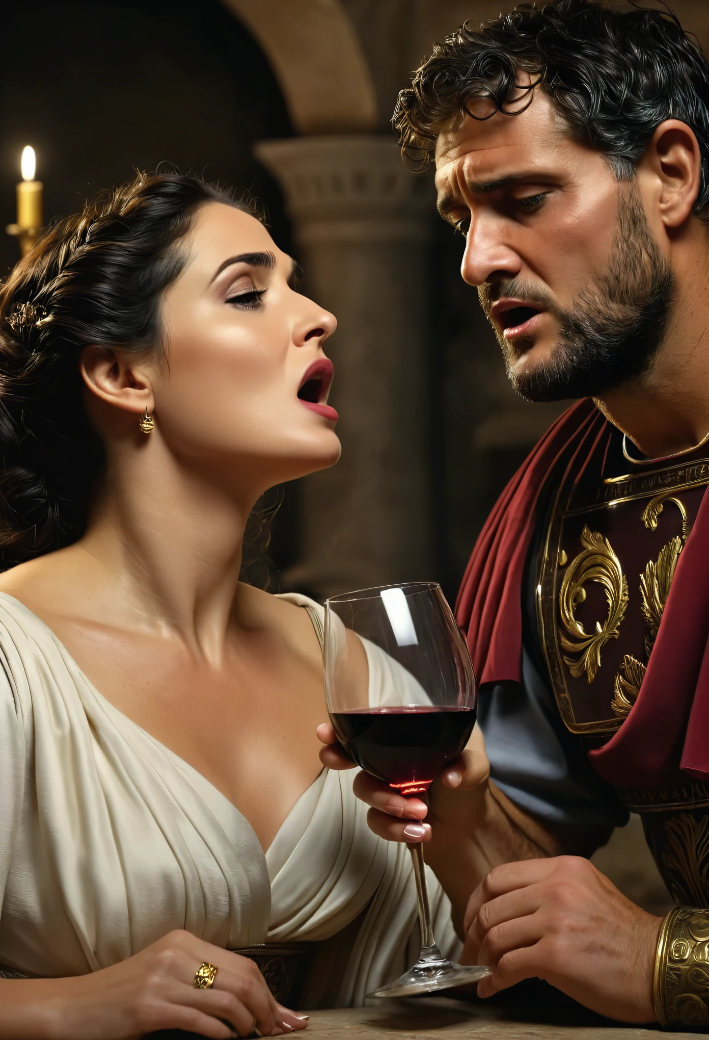Best quality, 4k, high-end, ultra fine: 1.2), realistic, ancient roman, Show the moment when the husband discovers his wife drinking wine, capturing his shock and anger.
