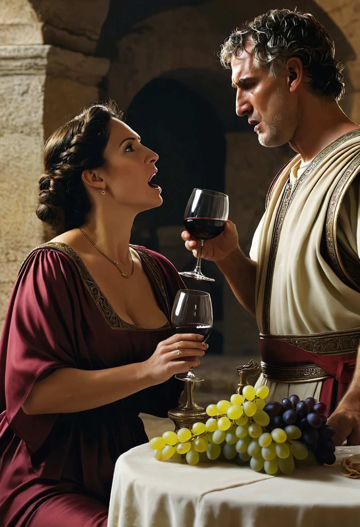 Best quality, 4k, high-end, ultra fine: 1.2), realistic, ancient roman, Show the moment when the husband discovers his wife drinking wine, capturing his shock and anger.