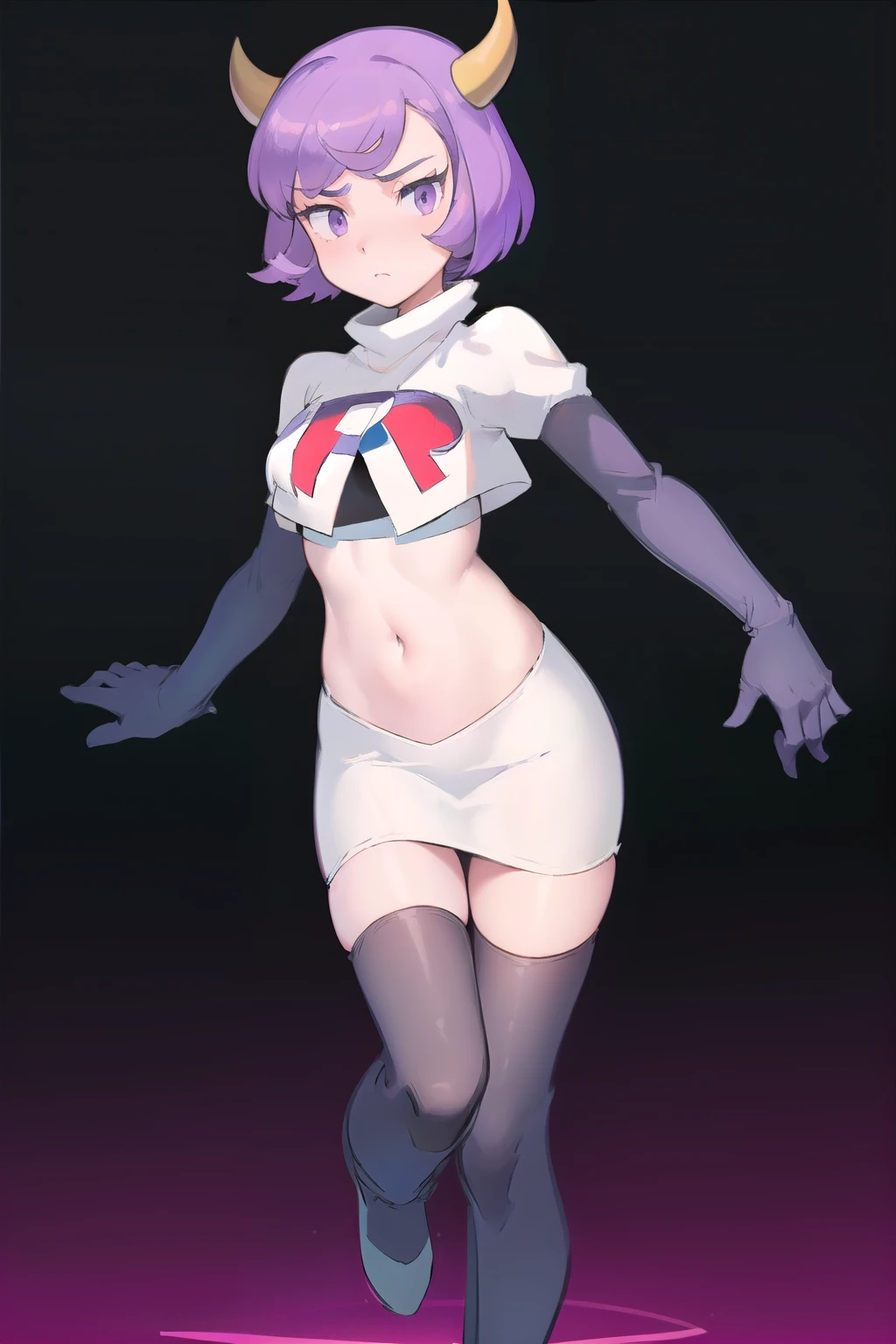 courtney, 1girl, solo, breasts, looking at viewer, short hair, bangs, simple background, white background, purple eyes, purple hair, horns, eyelashes, fake horns, horned headwear, team rocket,team rocket uniform, red letter R, white skirt,white crop top,black thigh-highs,black elbow gloves,