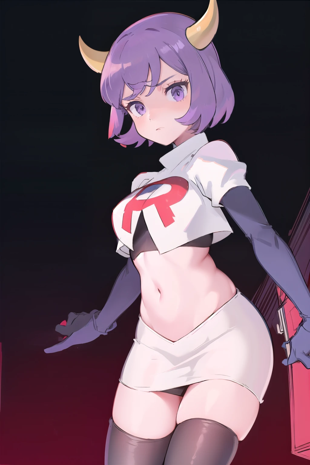 courtney, 1girl, solo, breasts, looking at viewer, short hair, bangs, simple background, white background, purple eyes, purple hair, horns, eyelashes, fake horns, horned headwear, team rocket,team rocket uniform, red letter R, white skirt,white crop top,black thigh-highs,black elbow gloves,