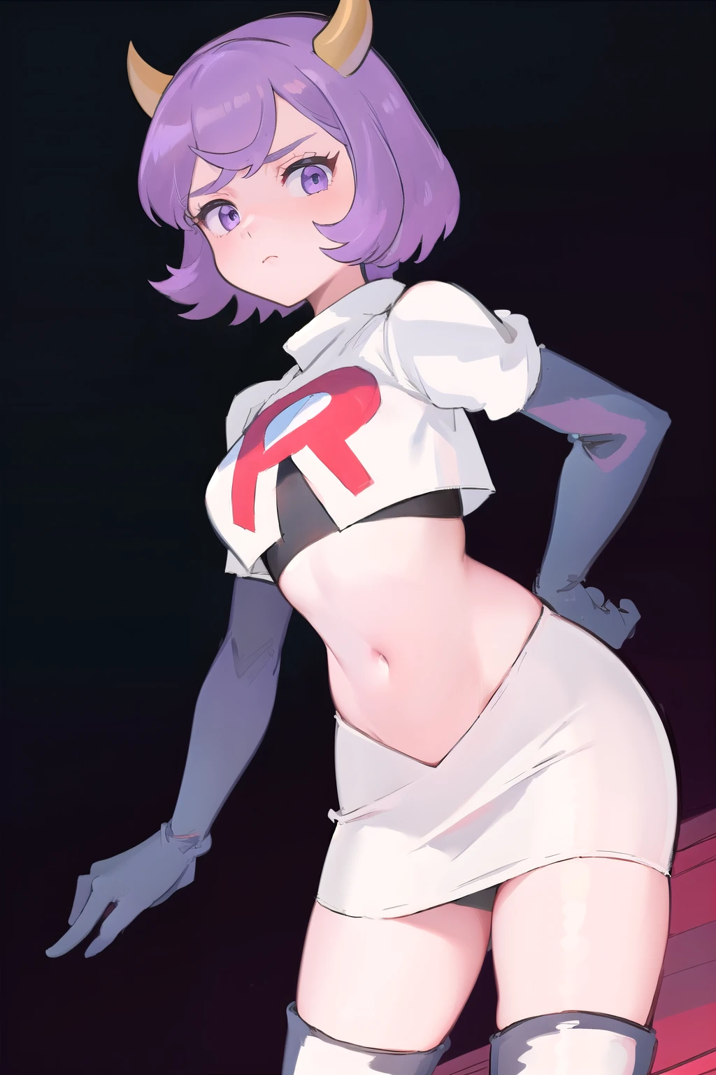 courtney, 1girl, solo, breasts, looking at viewer, short hair, bangs, simple background, white background, purple eyes, purple hair, horns, eyelashes, fake horns, horned headwear, team rocket,team rocket uniform, red letter R, white skirt,white crop top,black thigh-highs,black elbow gloves,