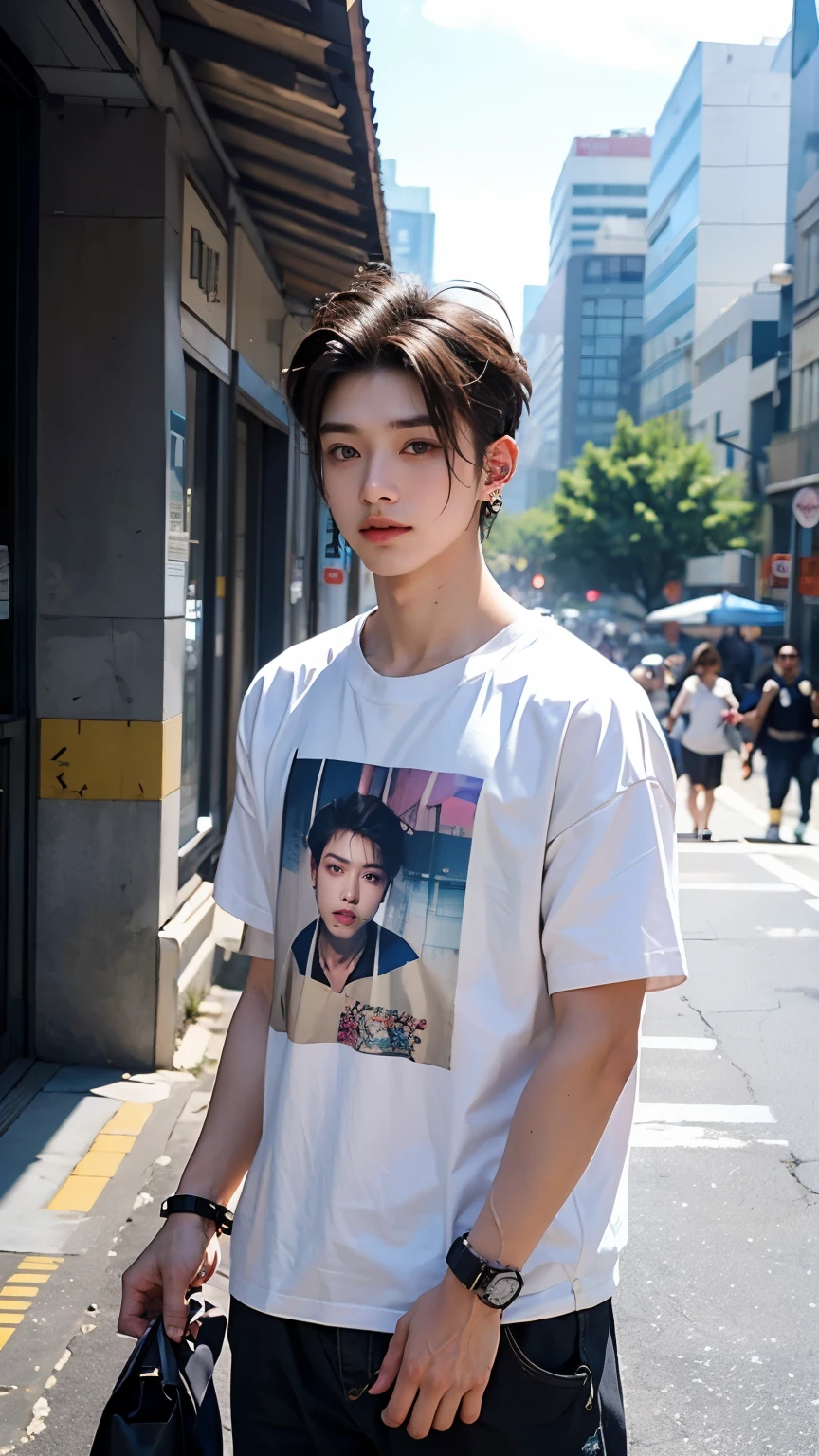 A guy, undercuts hairstyles, K-pop piercings, t-shirts, street building background
