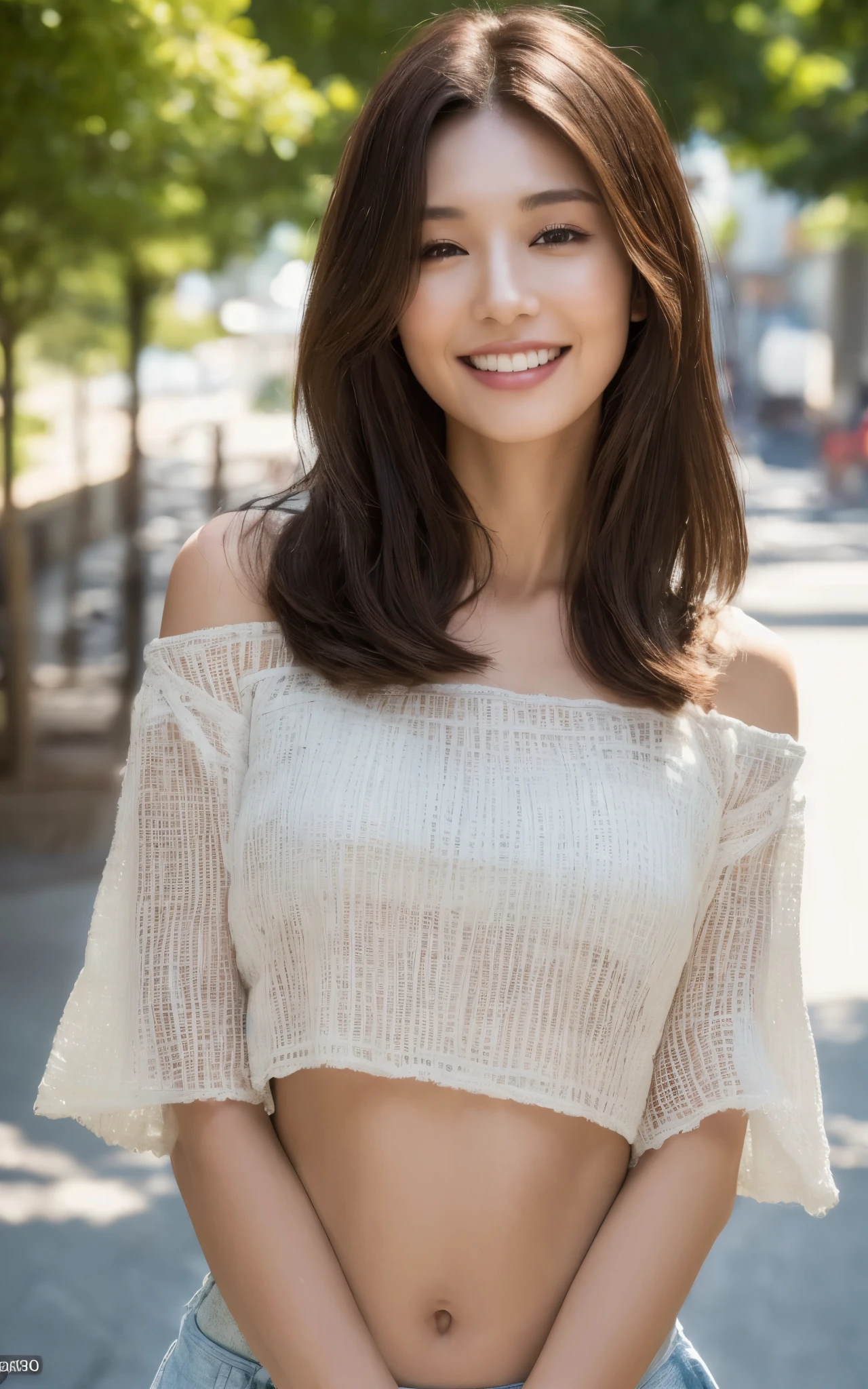 ((Top Quality, 8k, Masterpiece: 1.3)), Sharp Focus: 1.2, Pretty woman with perfect figure: 1.4, Smile, Slender Abs: 1.2, ((Dark Brown Hair, Big: 1.2)), (Natural Light, Street: 1.1), Highly Detailed Face and Skin Texture, Detailed Eyes, Double Eyelids, White Teeth,