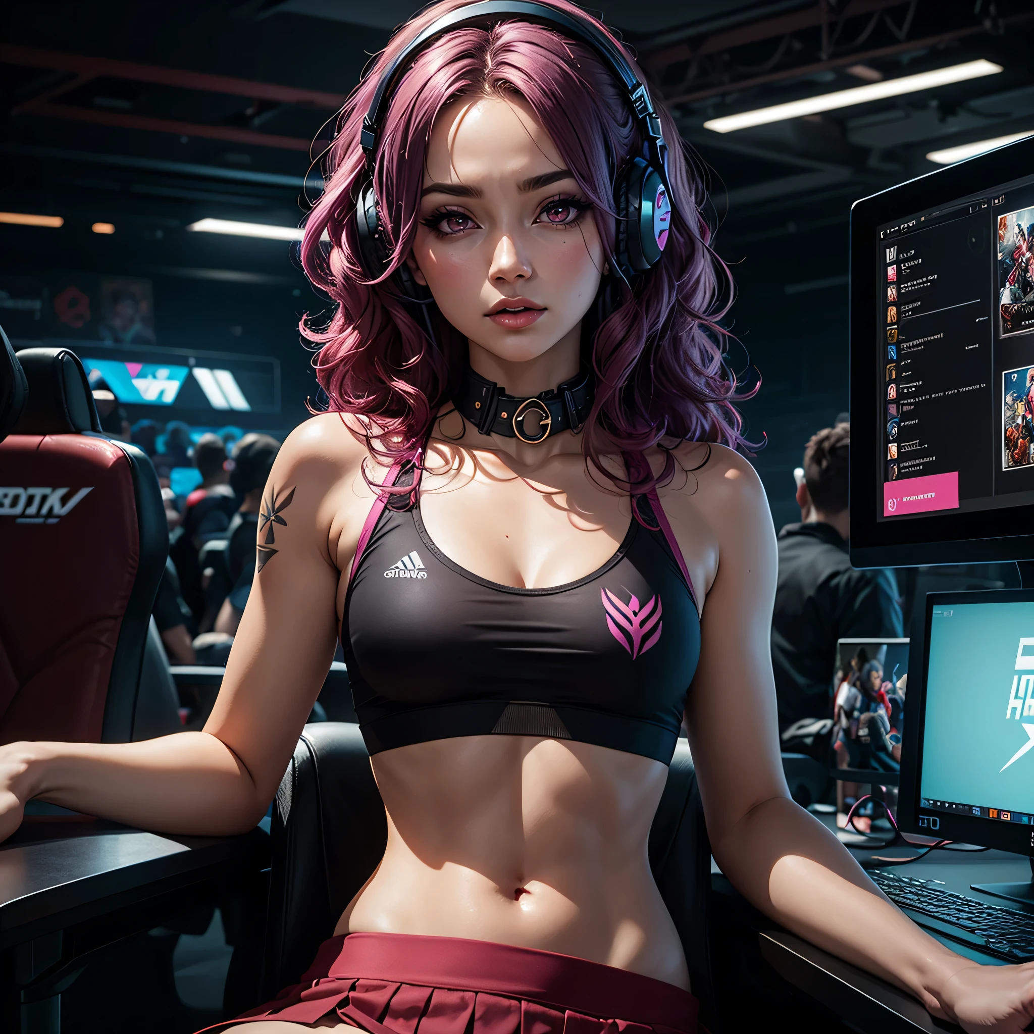 31 years old, Latina, Latina Woman, mature face, ((magenta eyes)), (beautiful detailed eyes:1.05), ((magenta hair)), (small breats:1.45), long hair, wavy hair, Masterpiece, Best Quality, Ultra Detailed, Extremely Detailed 16k CG Wallpaper, Beautiful Face, (Esports Room), (Perfect Beautiful Curved Figure), Seated, Wearing Resin Hologram Sports Bra, Crop Top Drape, Mini Pleated Skirt, Bell Collar, Logo, Impotence, Contour Light, Concert, Neon Sign, Audio, Bell Collar, Esports Headset, Computer, Esports Room, Play Games, holographic projection, flat sphere, graffiti logo, highly detailed tattoo_,
Authoring information,cleavage exposed, superior quality, many details, Puri focus Sharp and realistic