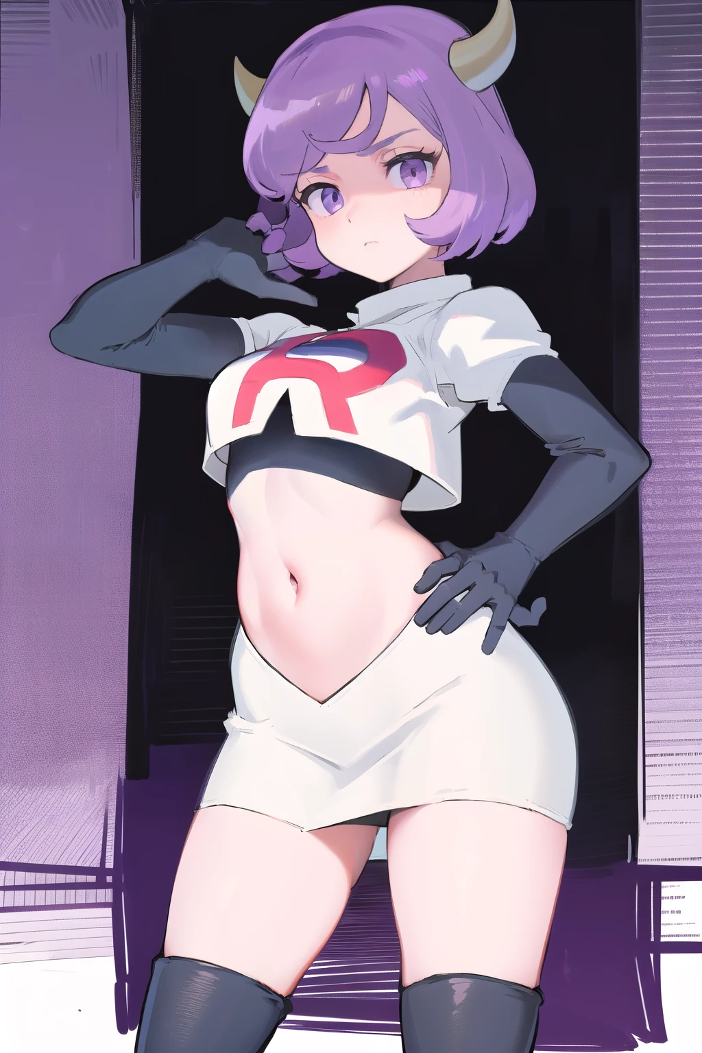 courtney, 1girl, solo, breasts, looking at viewer, short hair, bangs, simple background, white background, purple eyes, purple hair, horns, eyelashes, fake horns, horned headwear, team rocket,team rocket uniform, red letter R, white skirt,white crop top,black thigh-highs,black elbow gloves,