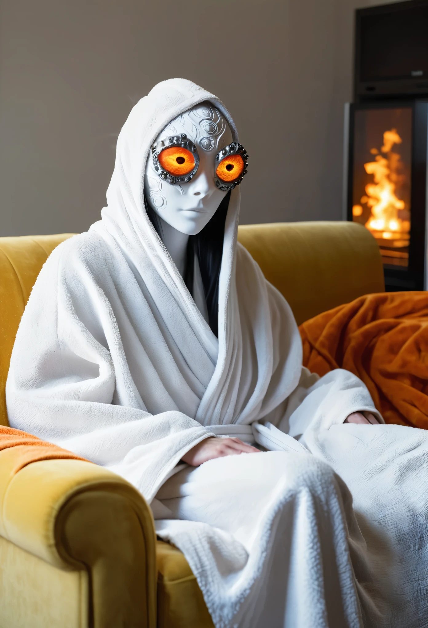 photo of a humanoid creature completely covered in a nanochew with a long tail and burning eyes in a terry cloth robe is sitting on a sofa watching TV,