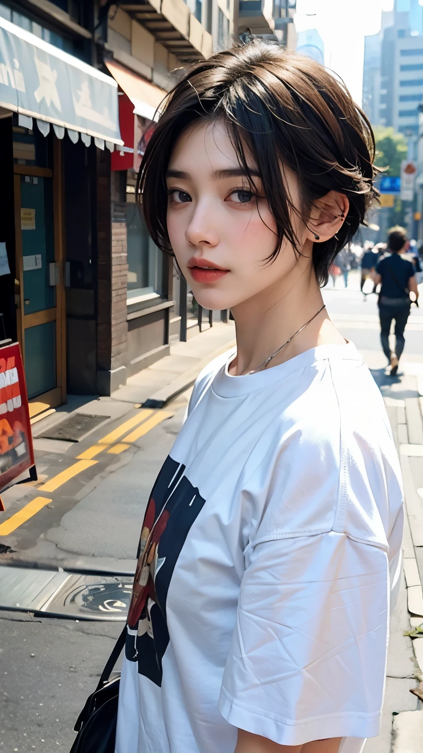 A guy, undercuts hairstyles, K-pop piercings, t-shirts, street building background