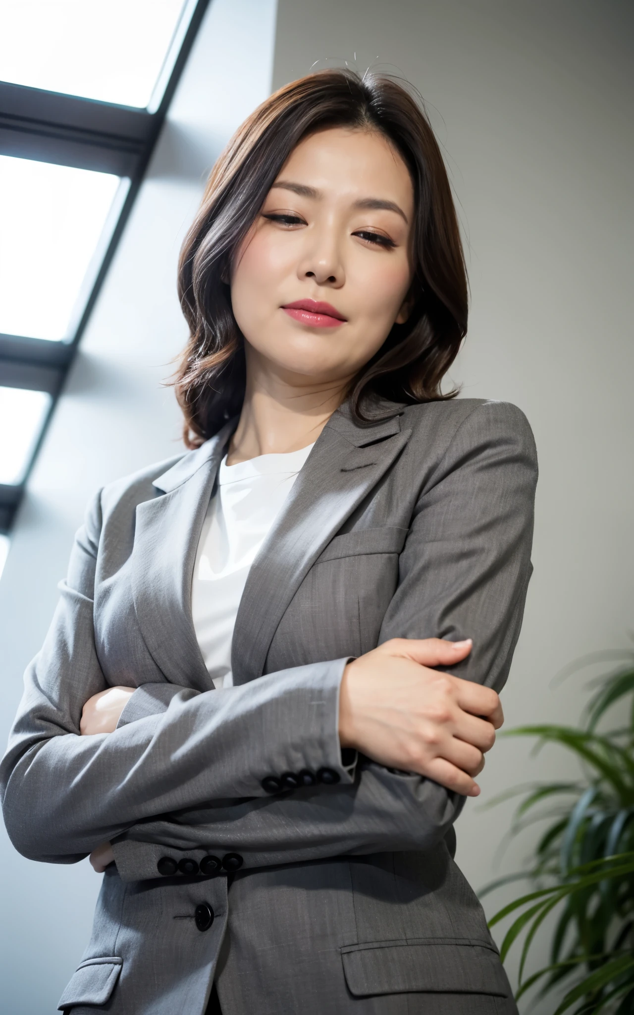 masterpiece,best quality, (1 milf), ((close up:0.5, tilt:0)), ((cross arms)), glare, gray blazer, white shirt, double eyelid, eyelash, lip gloss, (joy:0.2,), ((close eyes:0.85)), ((Looking at Viewer)), RAW, (from below:1), ((nobody)), office,