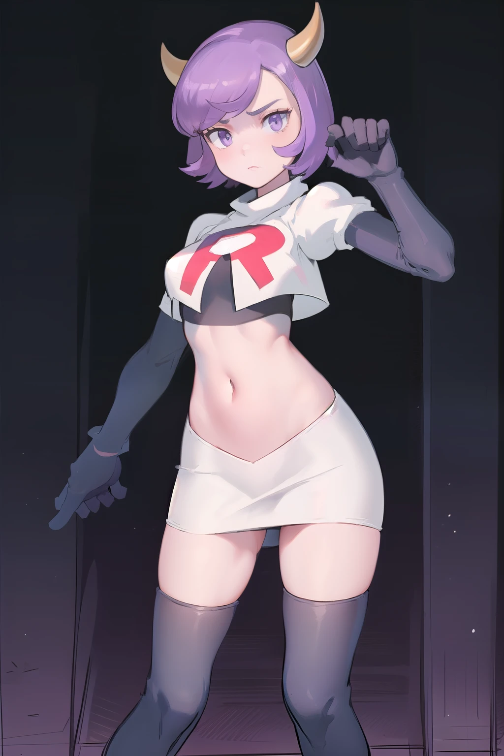 courtney, 1girl, solo, breasts, looking at viewer, short hair, bangs, simple background, white background, purple eyes, purple hair, horns, eyelashes, fake horns, horned headwear, team rocket,team rocket uniform, red letter R, white skirt,white crop top,black thigh-highs,black elbow gloves,