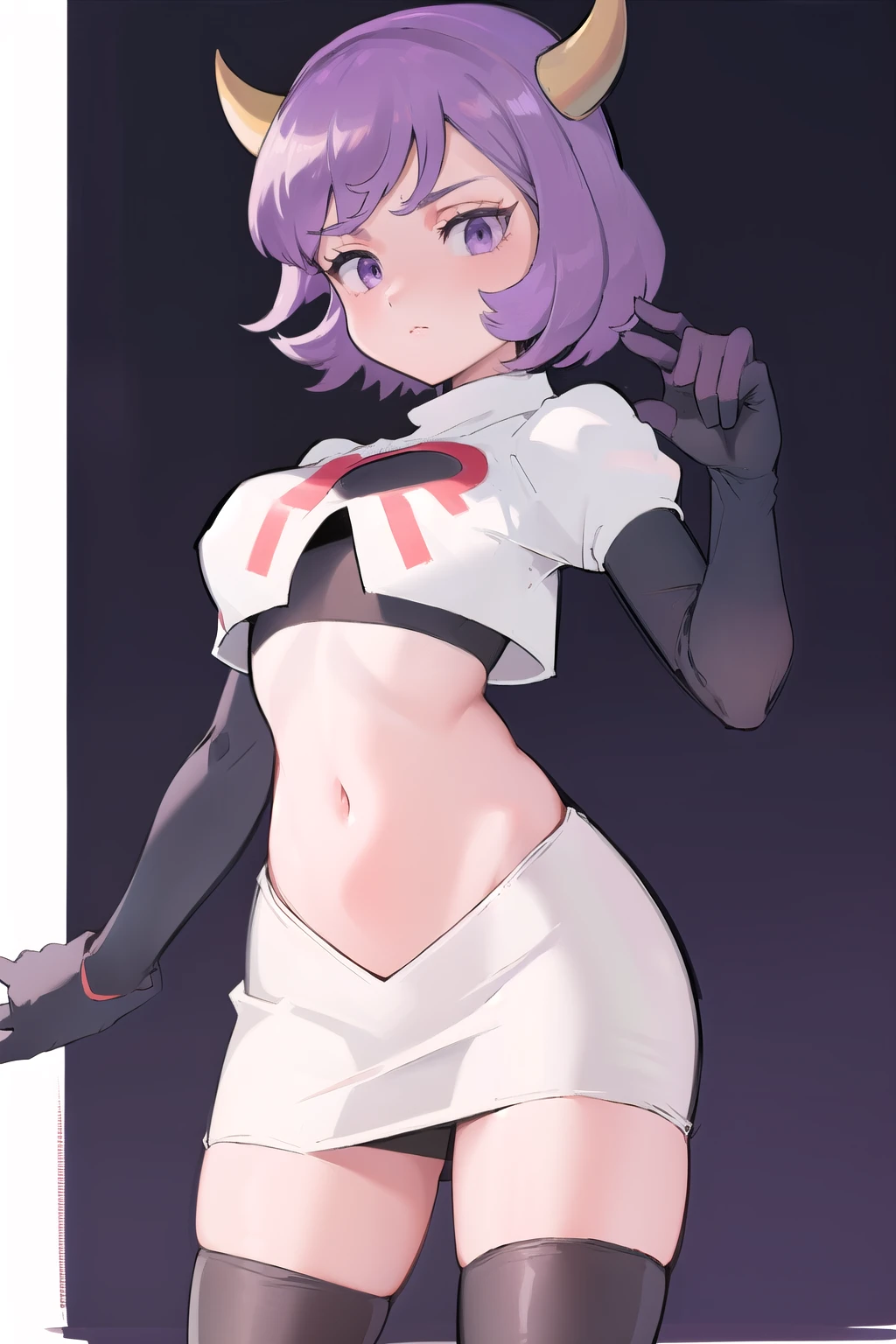 courtney, 1girl, solo, breasts, looking at viewer, short hair, bangs, simple background, white background, purple eyes, purple hair, horns, eyelashes, fake horns, horned headwear, team rocket,team rocket uniform, red letter R, white skirt,white crop top,black thigh-highs,black elbow gloves,