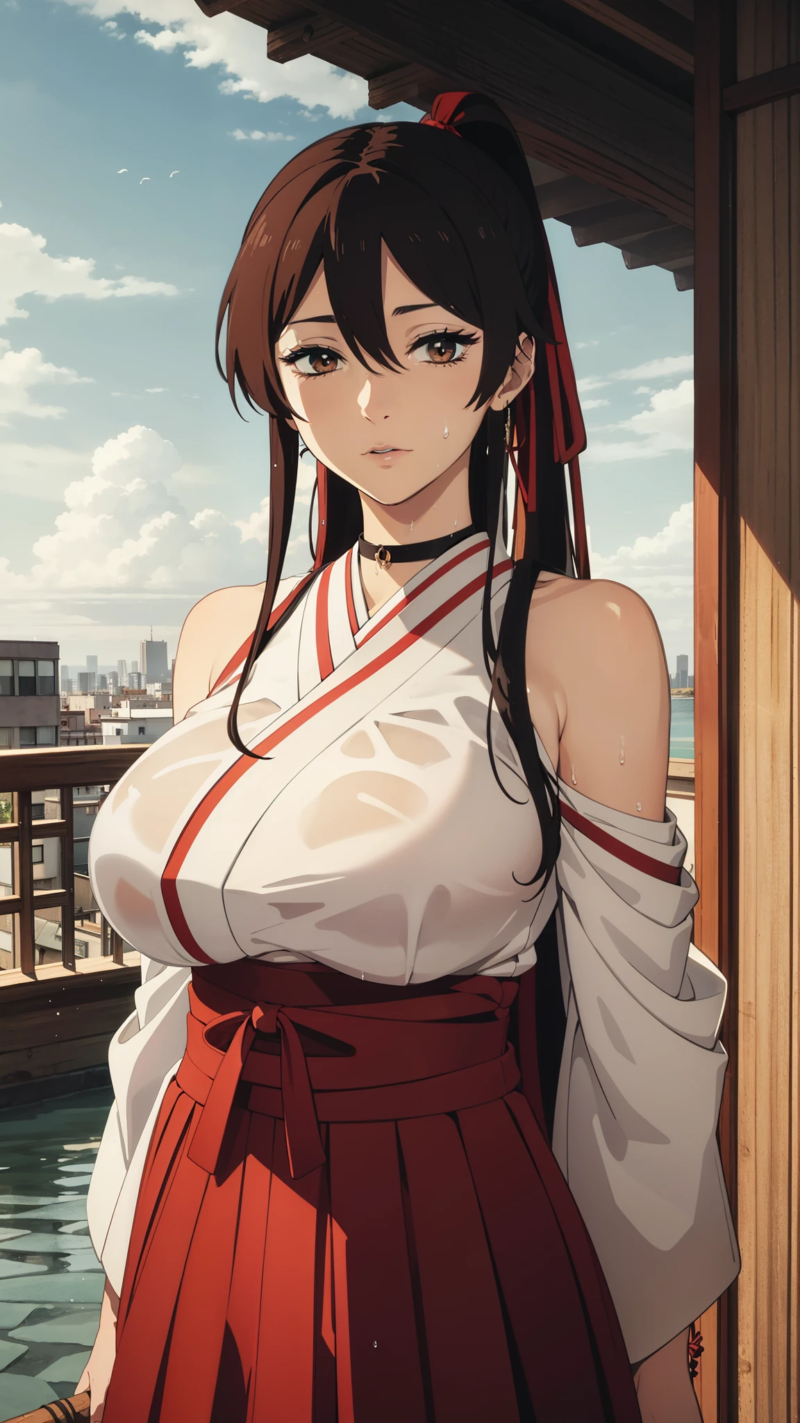 bare_shoulders, brown_eyes, detached_sleeves, hair_between_eyes, hair_ribbon, hakama, hakama_skirt,  long_hair, obi, railing, red_hakama, red_ribbon, ribbon,  veranda, Sagirin,
jewelry,  hands on chest, wet, soaked, see-through, looking at viewer,  hair ornament, choker, shy,
(masterpiece, top quality, best quality, official art, beautiful and aesthetic:1.2), (1 girl), extreme detailed,  colorful, highest detailed,
(huge breasts:1.2,) upper body, from below,  cameltoe, white panties,
city,street,  sun, cloud, wall, leaning,