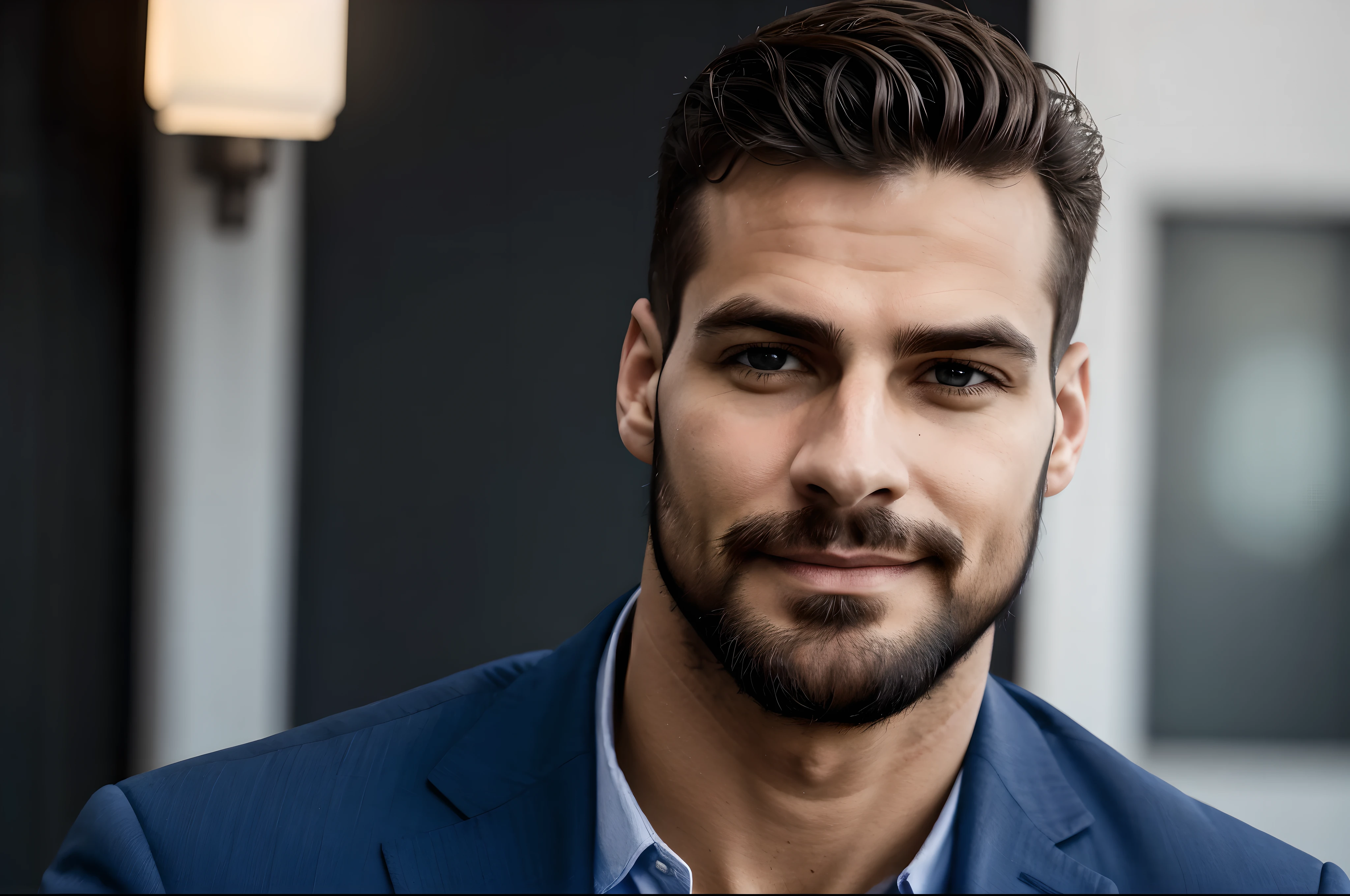 Man in blue suit and shirt looking at camera, queixo masculino, rosto bonito e atraente, queixo afiado with a light beard, square masculine facial features, homem muito atraente com barba, homem bonito, strong masculine traits, well queixo definido, queixo definido, lindo rosto detalhado, queixo afiado, homem atraente, tidy facial hair