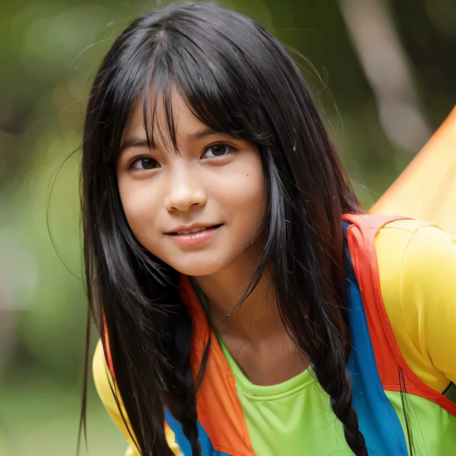 Chica con cabello ligeramente rizado negro, con playera naranja del campamento mestizo