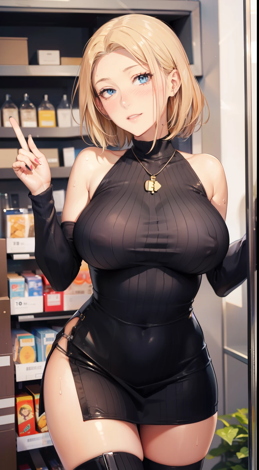 (get used to it, masterpiece, highest quality, Complex),
cinematic lighting、(key light:Front diagonal 45 degrees, fill light、Backlight、Shadow、blue and orange color palette), accurate human body、knowledgeable person、Correct five-finger、cowboy shot, Kyoka Tachibana,
upper body shot, camera angle is low, Depth of the bounds written, Focus on the center, fine eyes, perfect face and eyes big breasts,
1 girl, alone, convenience store店員,convenience store、
cute eyes, beautiful face, perfect round butt, erect nipples,
fit and body, perverted woman,
((long strap name tag、A woman wearing a ribbed sweater dress with an open neckline))
black high-heels, Thighhighs, black_leg wear,
Early 30s, alone, white skin,
blue eyes, ((beautiful mature woman)),
enchanting smile, naughty face, Sweat, vapor, blush, Excited, (spoken heart),
Are standing, Best Sexual Poses, Hands pulling up skirts、
(深夜のconvenience storeで), , summer, indoor, perspective, dark lighting, Shelves full of products, white wall,