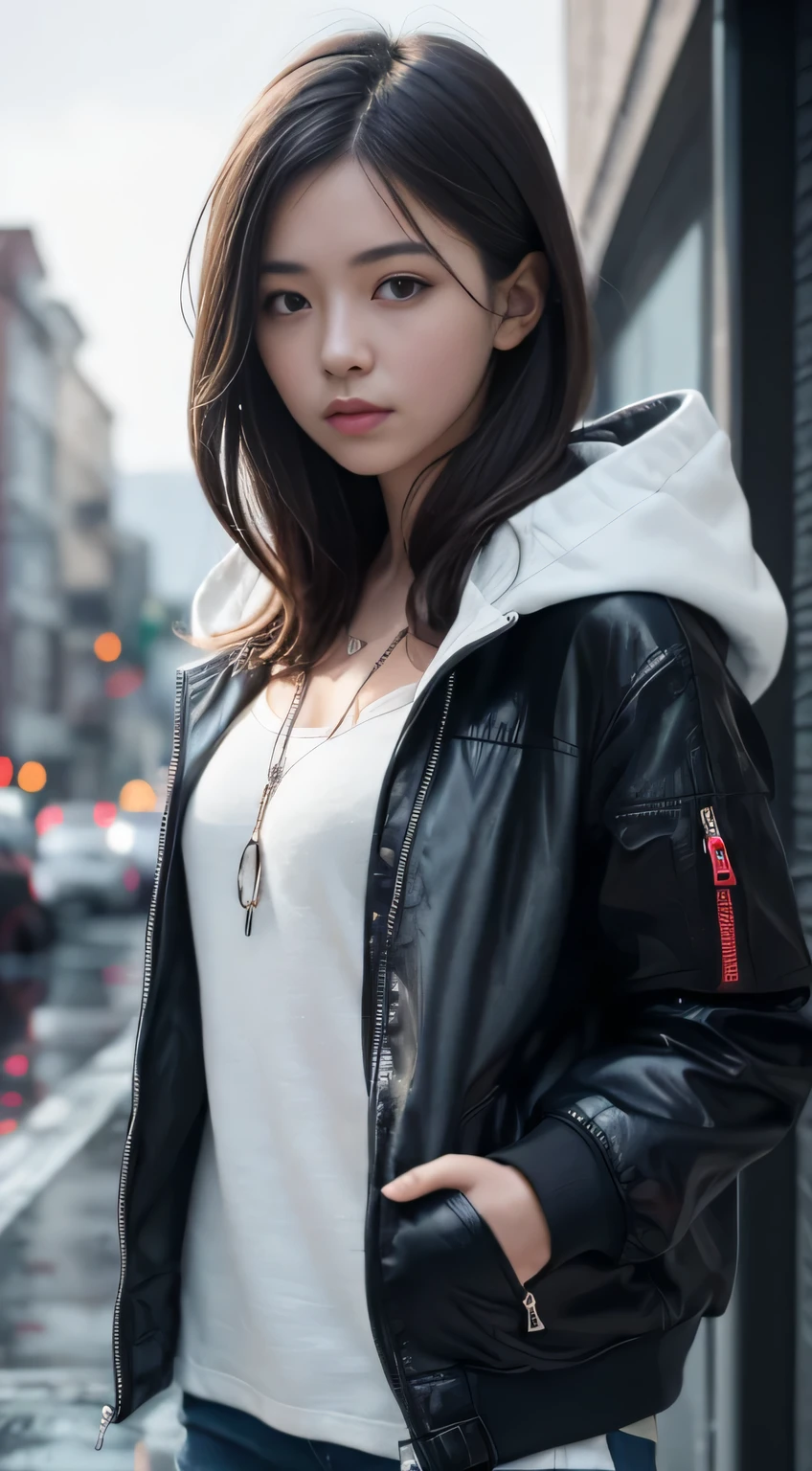1girl, jacket, rain, outdoor, hoodie, open jacket, chain, backpack, looking at another, messy hair, trending on artstation, 8k resolution, highly detailed, anatomically correct, sharp image, digital painting, concept art, trending on pixiv, style of makoto shinkai,